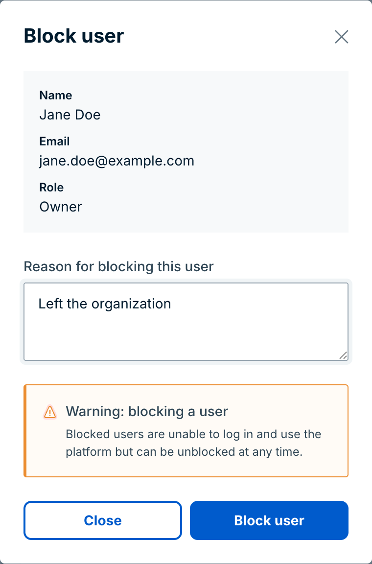 The Block user dialog with the warning and the reason field