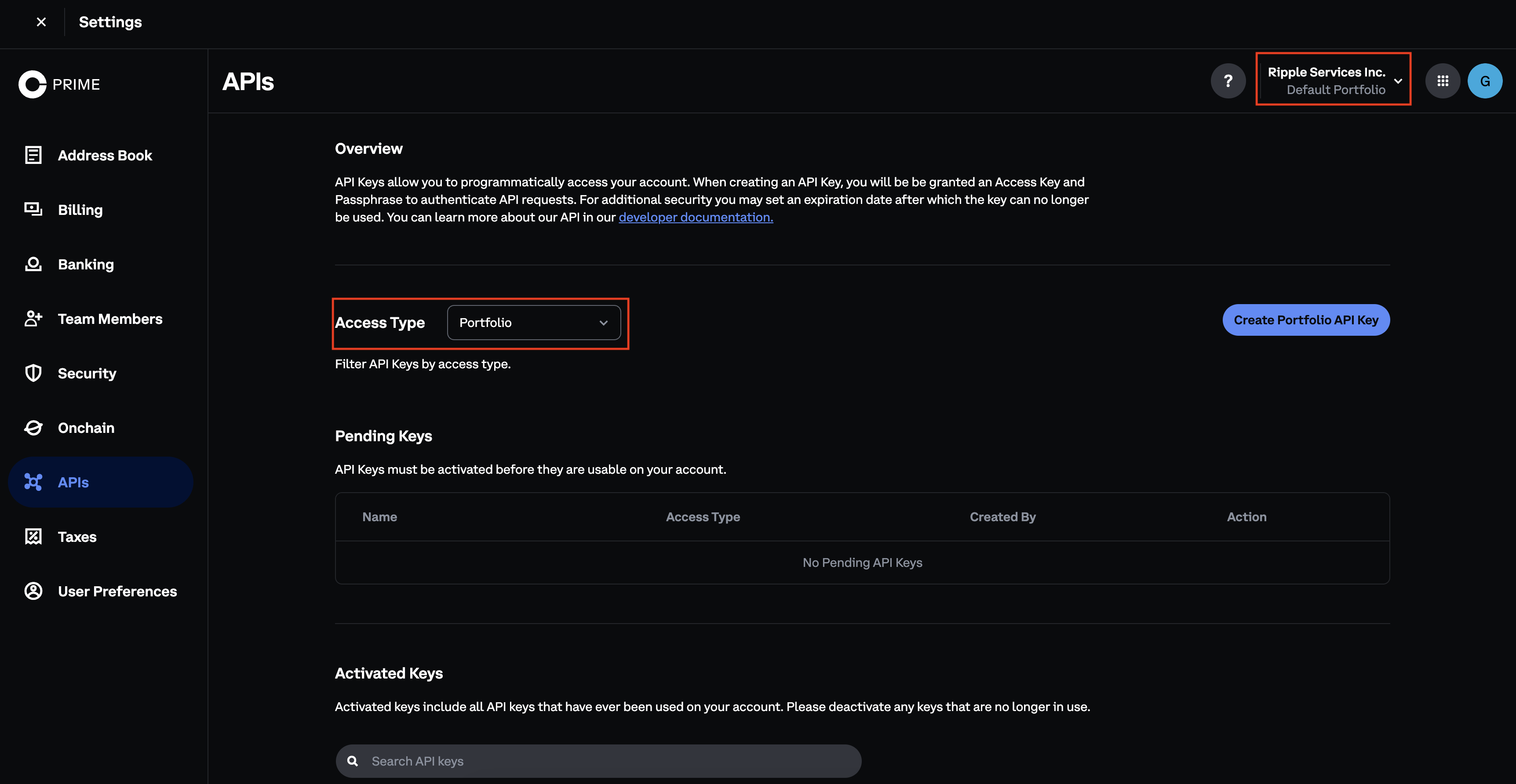 Coinbase Prime API key