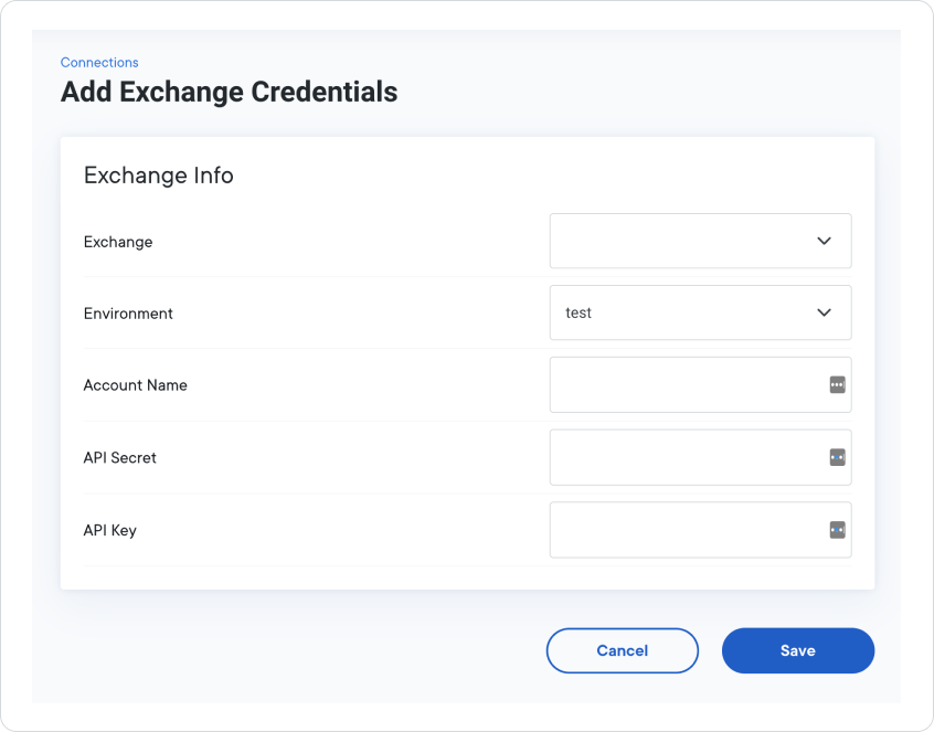 Add Exchange Credentials page