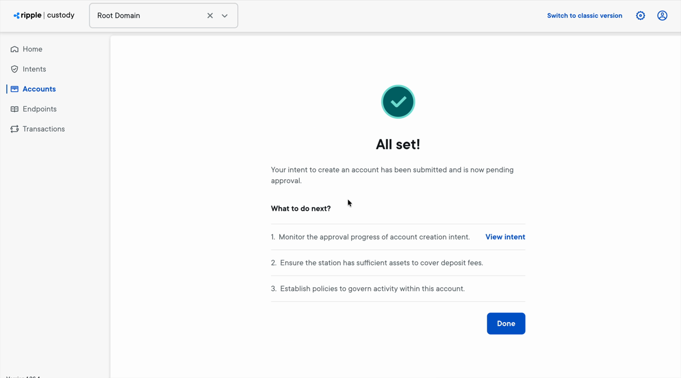The confirmation screen after submitting the account-creation intent