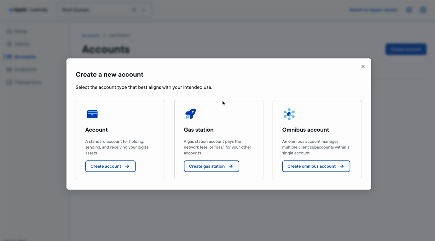 The Create a new account dialog with the Account, Gas station, and Omnibus account types