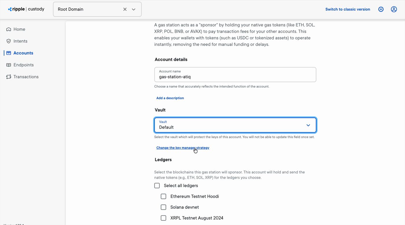The gas station creation form with account details, vault, and ledger fields