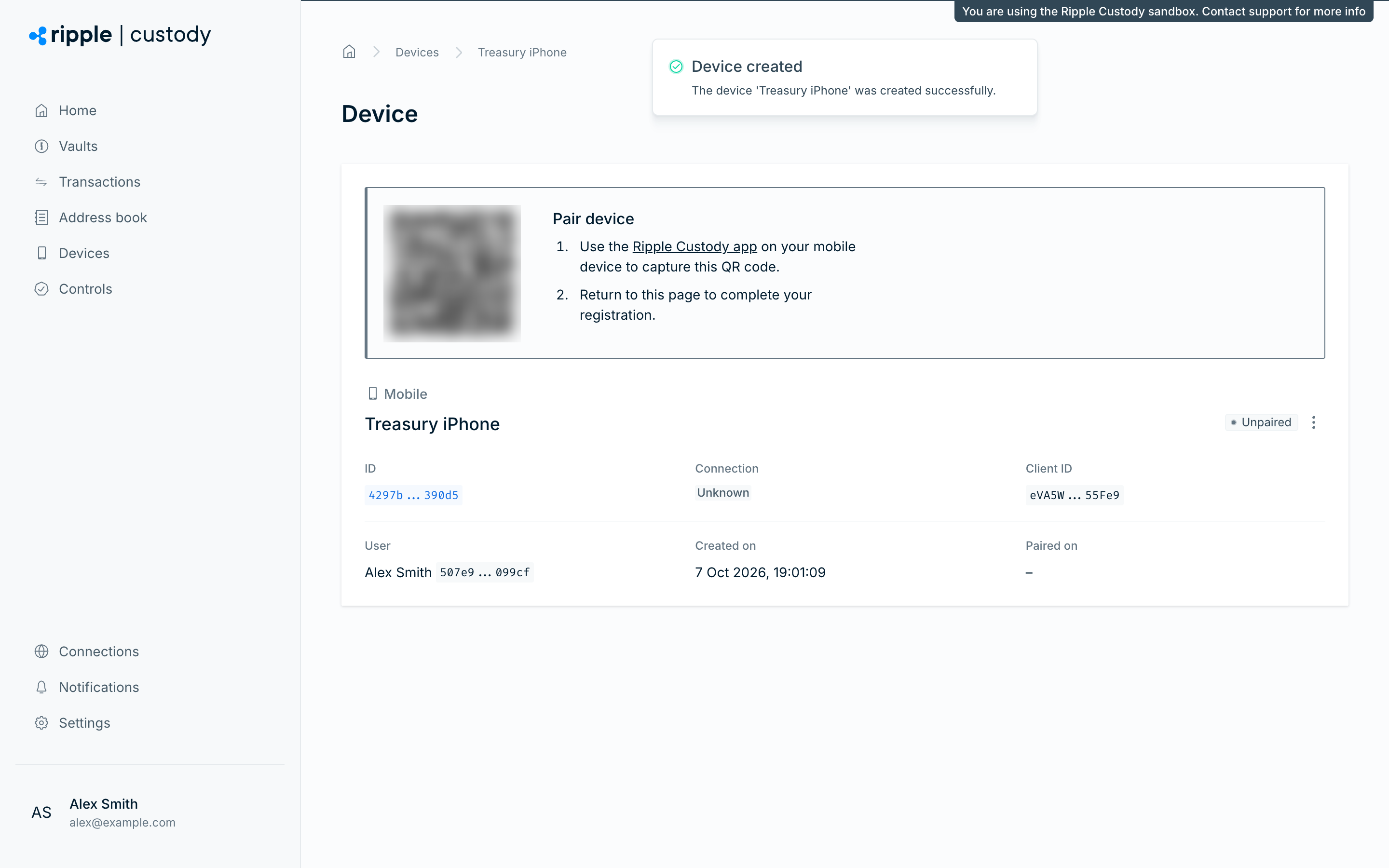 A new Mobile device with the Unpaired status and the Pair device QR code