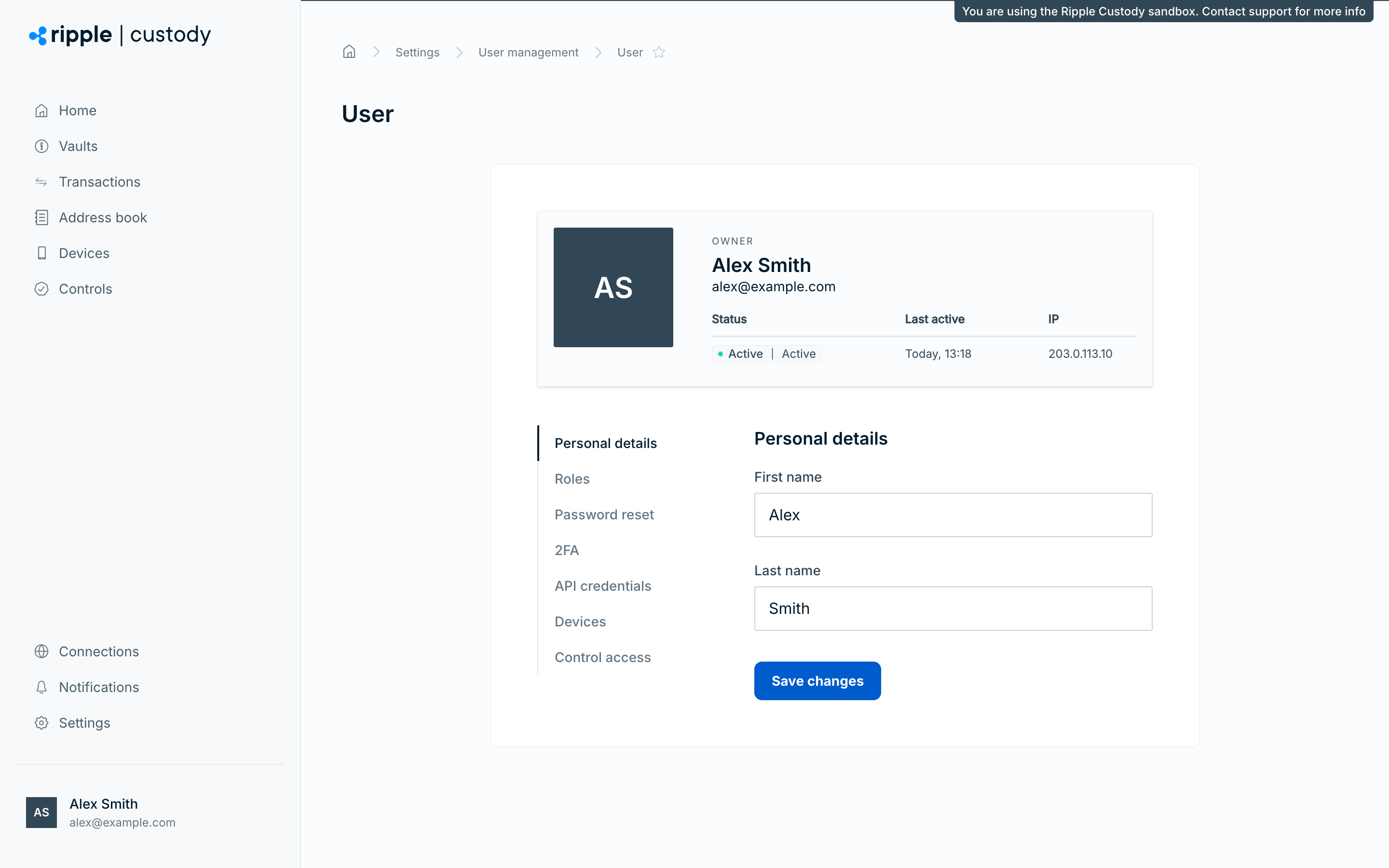 Your own profile under Settings > Profile, with the Personal details tab open and the Roles, Password reset, 2FA, API credentials, Devices, and Control access tabs in the sidebar