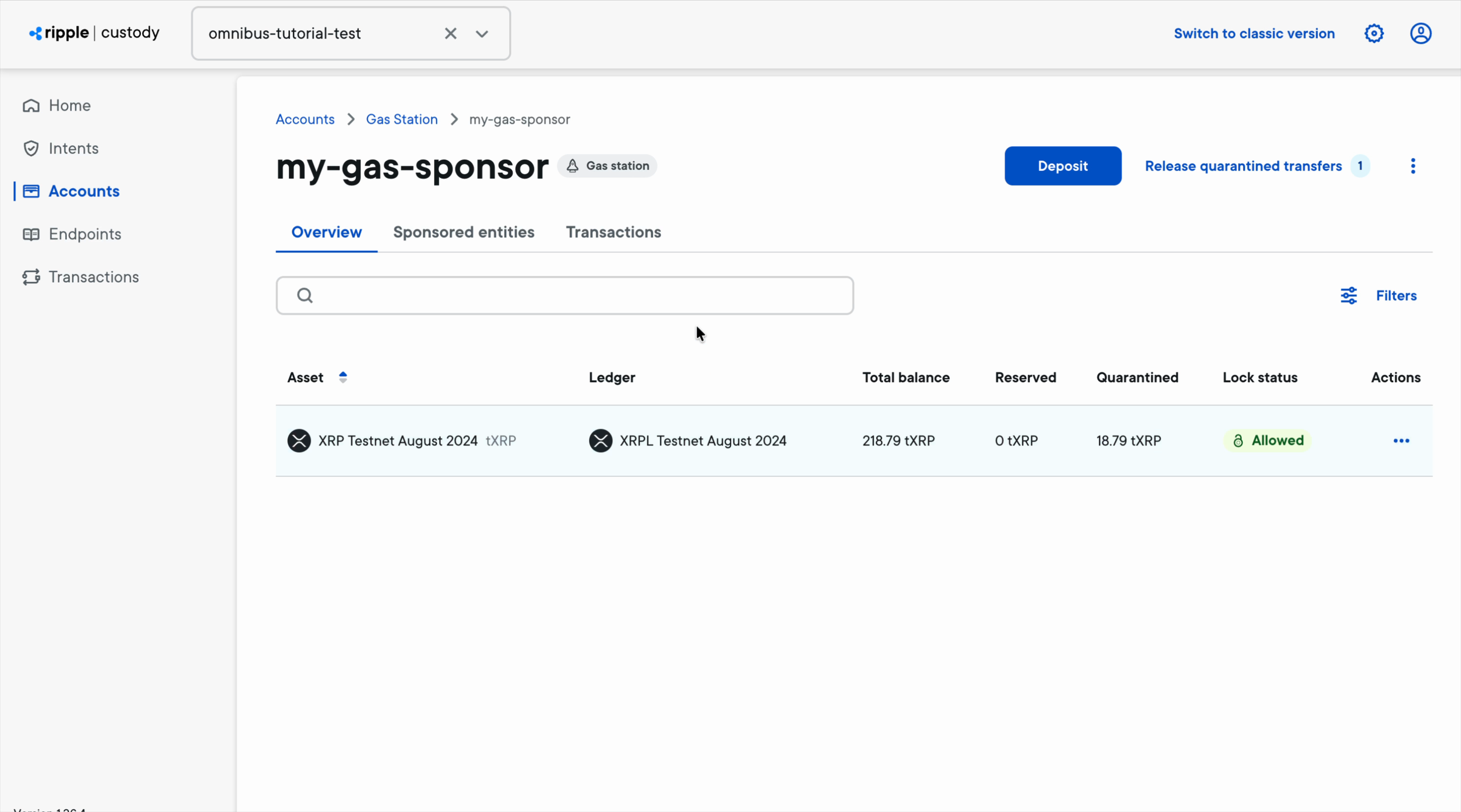 The gas station Overview tab with per-ledger balances