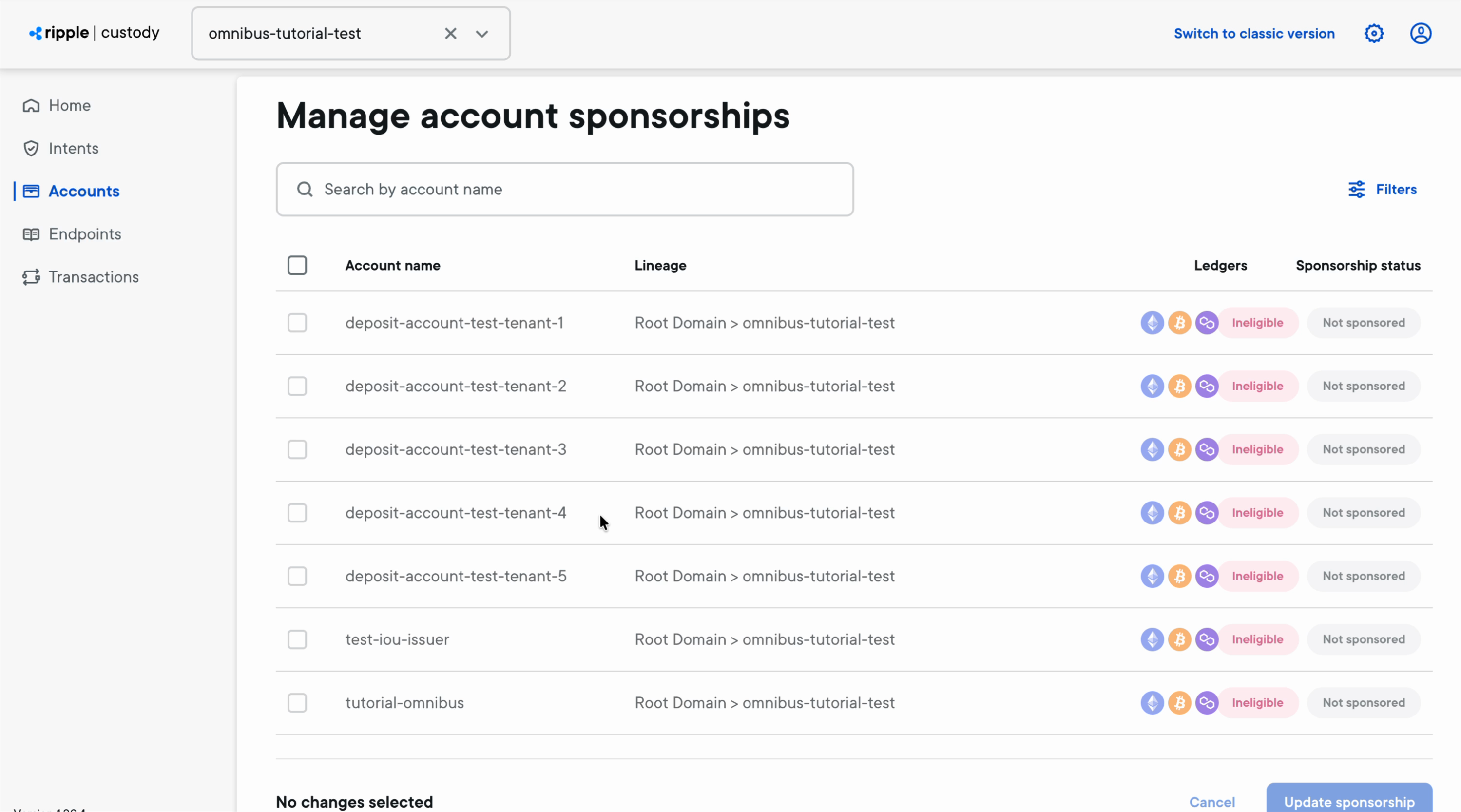 The Manage account sponsorships page listing accounts with eligibility and status