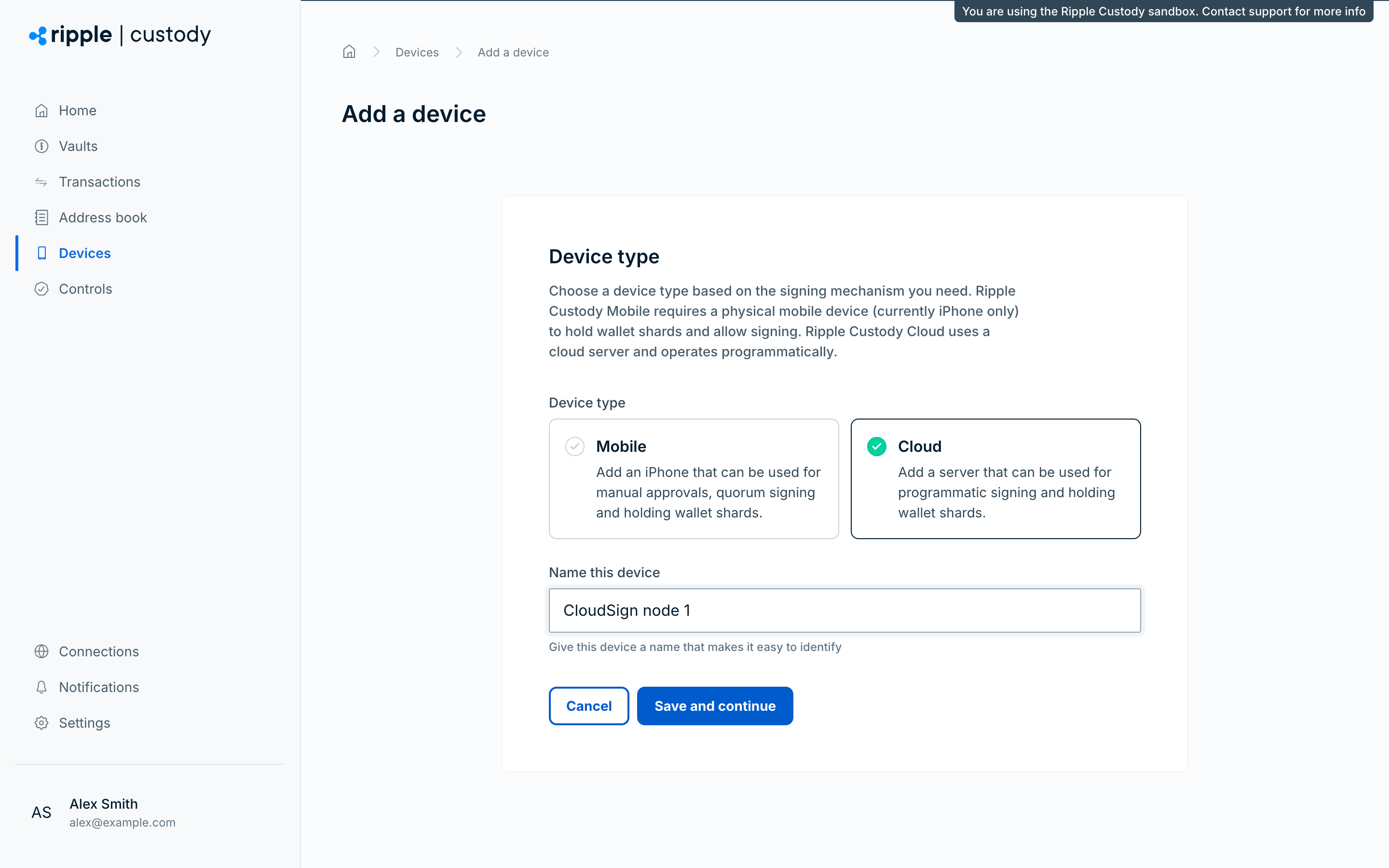 The Add a device page with the Mobile and Cloud device types and the Name this device field