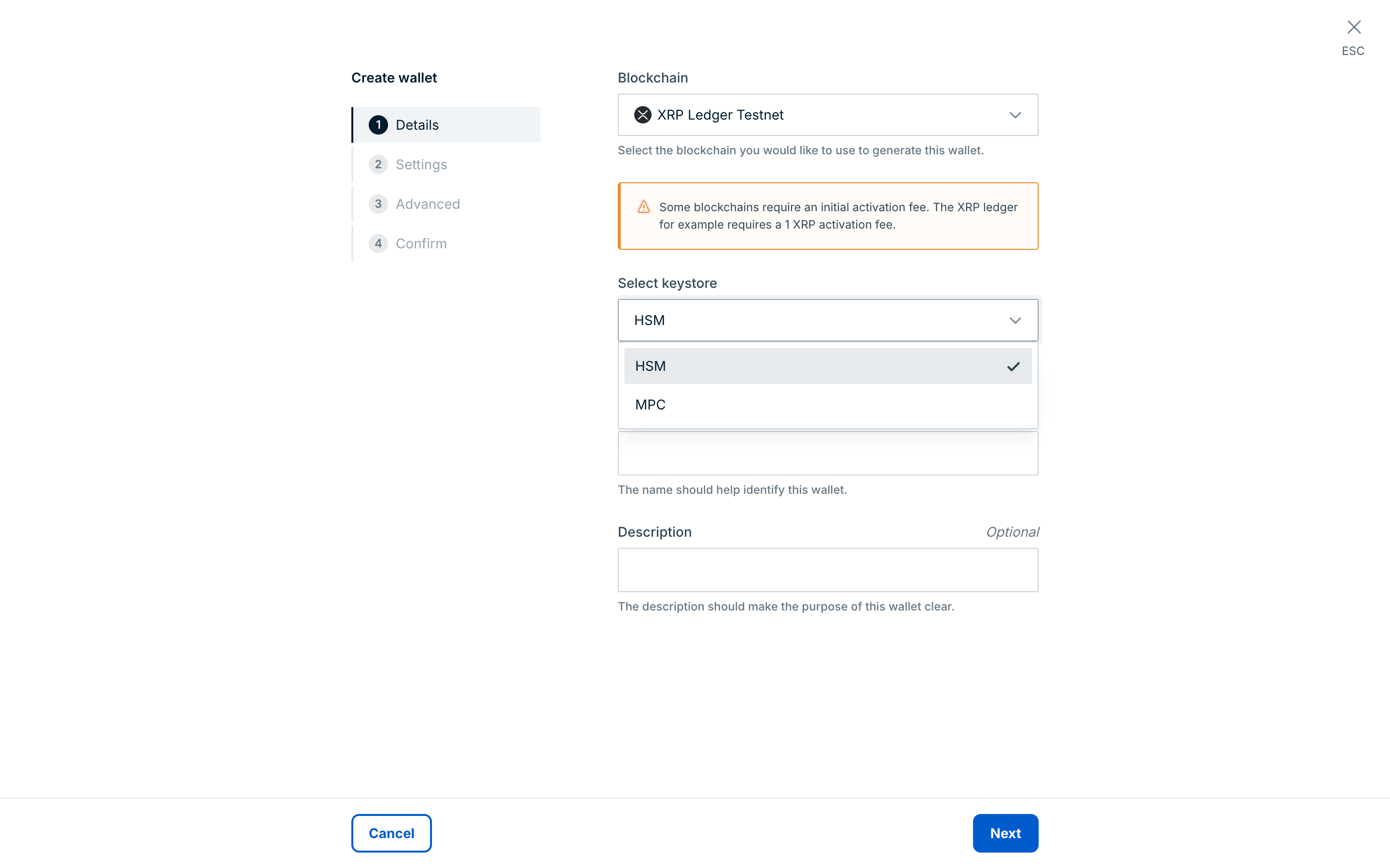 The Details step of the Create wallet form, with a blockchain selected and the HSM and MPC keystore options