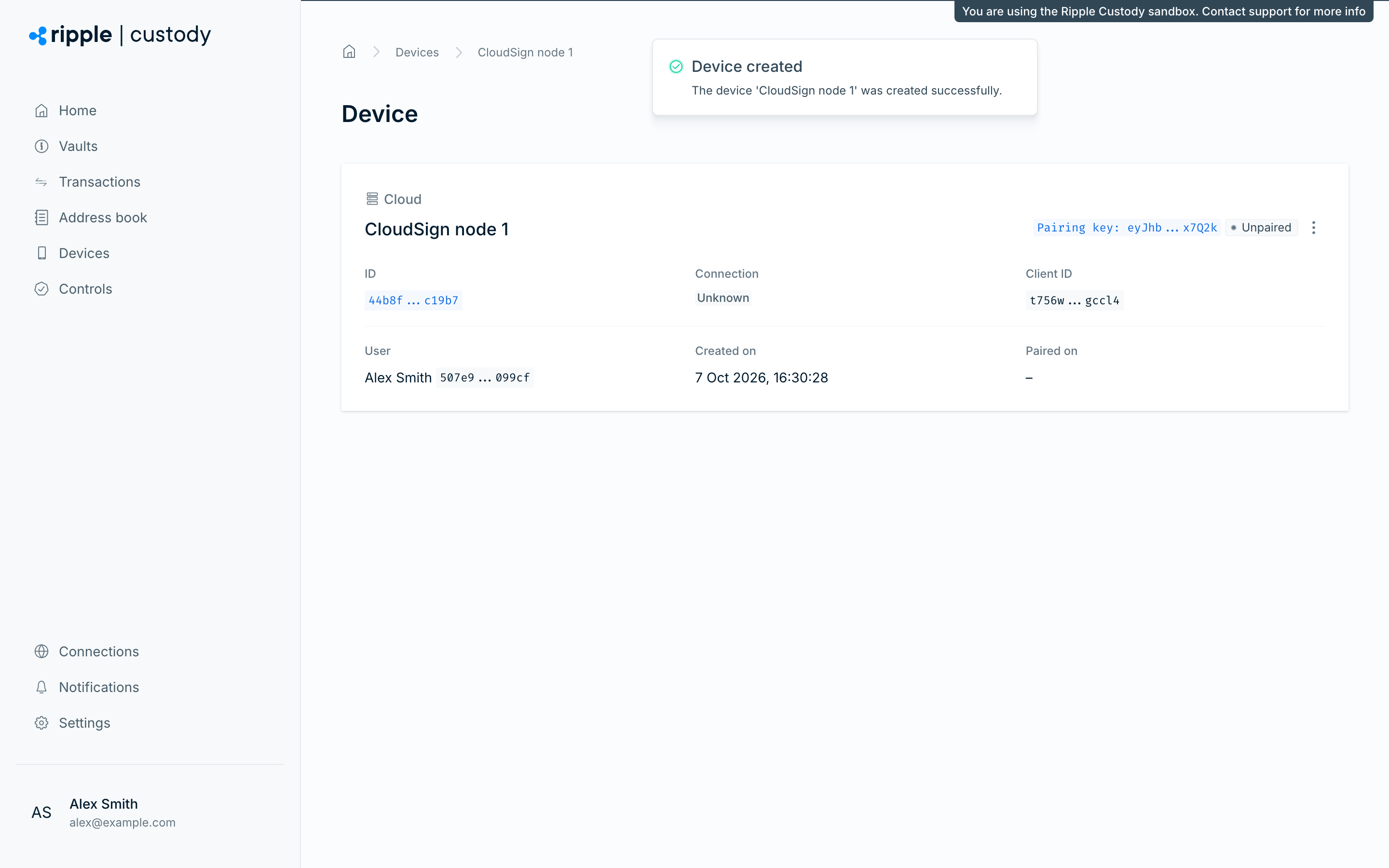 A new Cloud device with the Unpaired status and its pairing key