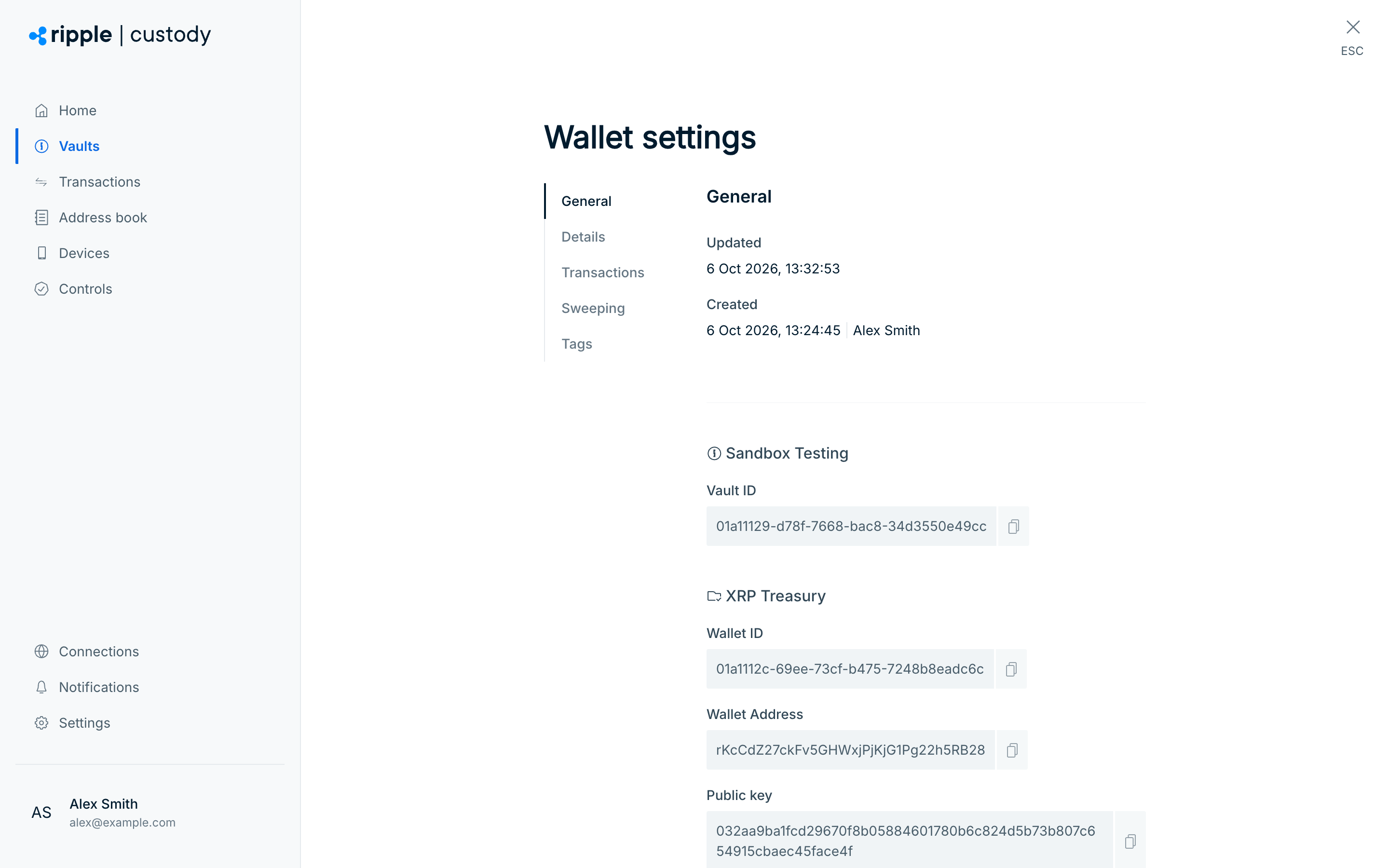 The General tab of Wallet settings, showing the Wallet Address field