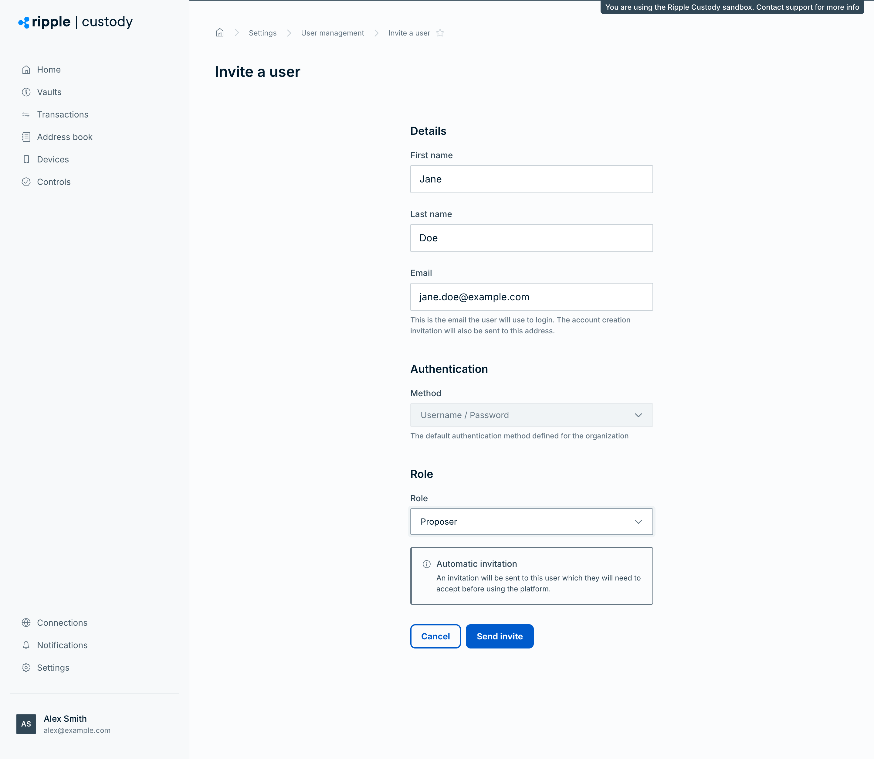 The Invite a user form with name, email, method, and role filled in