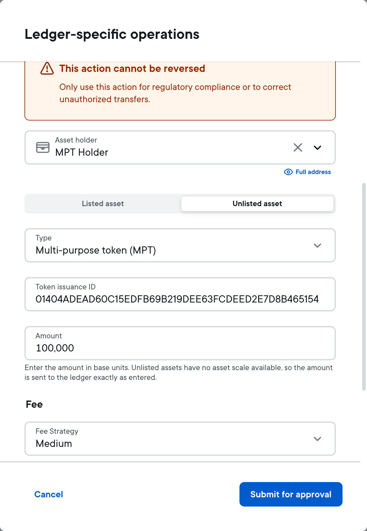 The Clawback form with an unlisted MPT