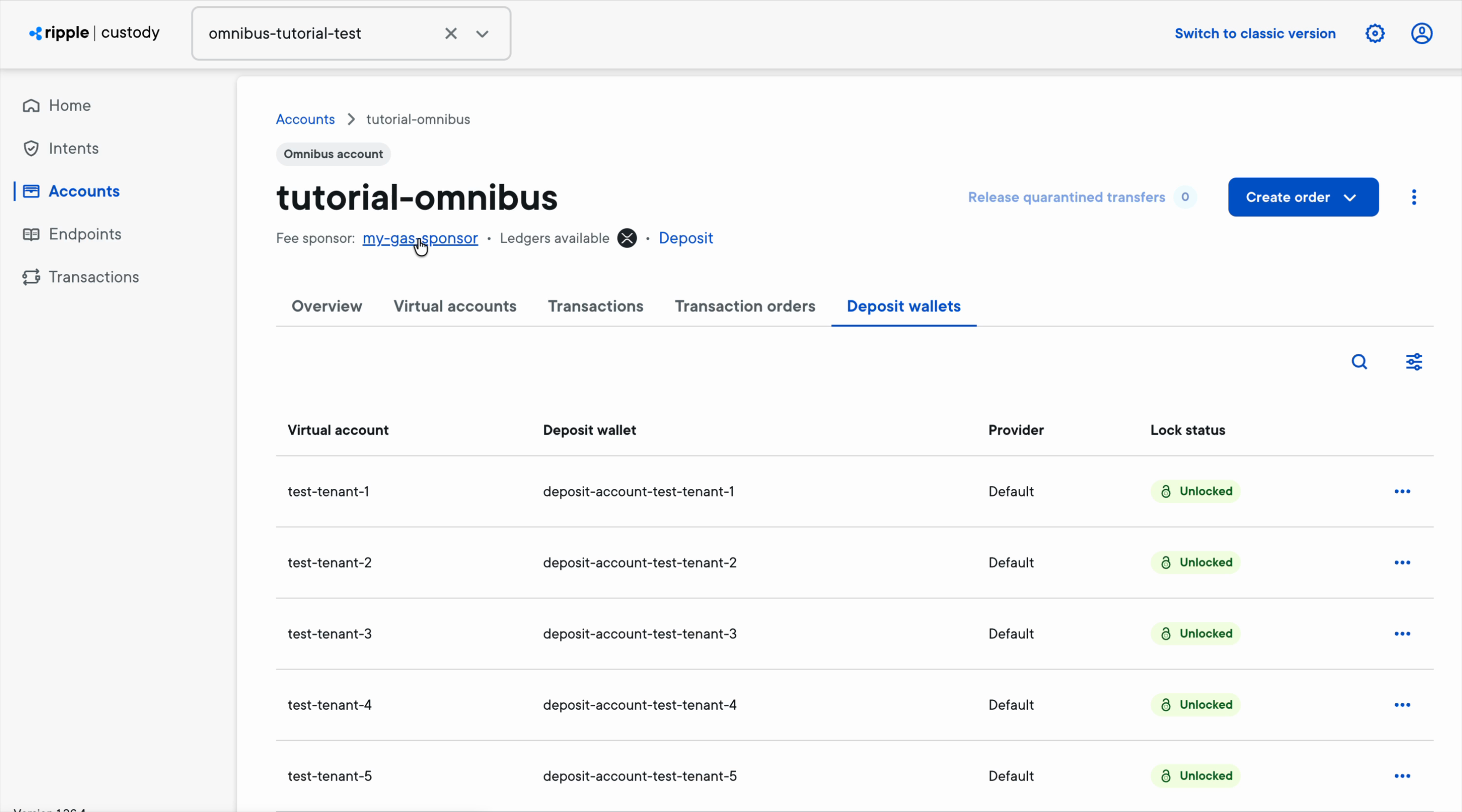 The Deposit wallets tab mapping virtual accounts to deposit wallets