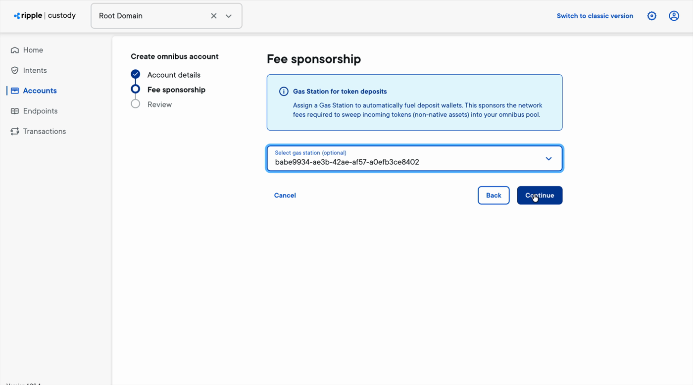 The Fee sponsorship step with a gas station selected