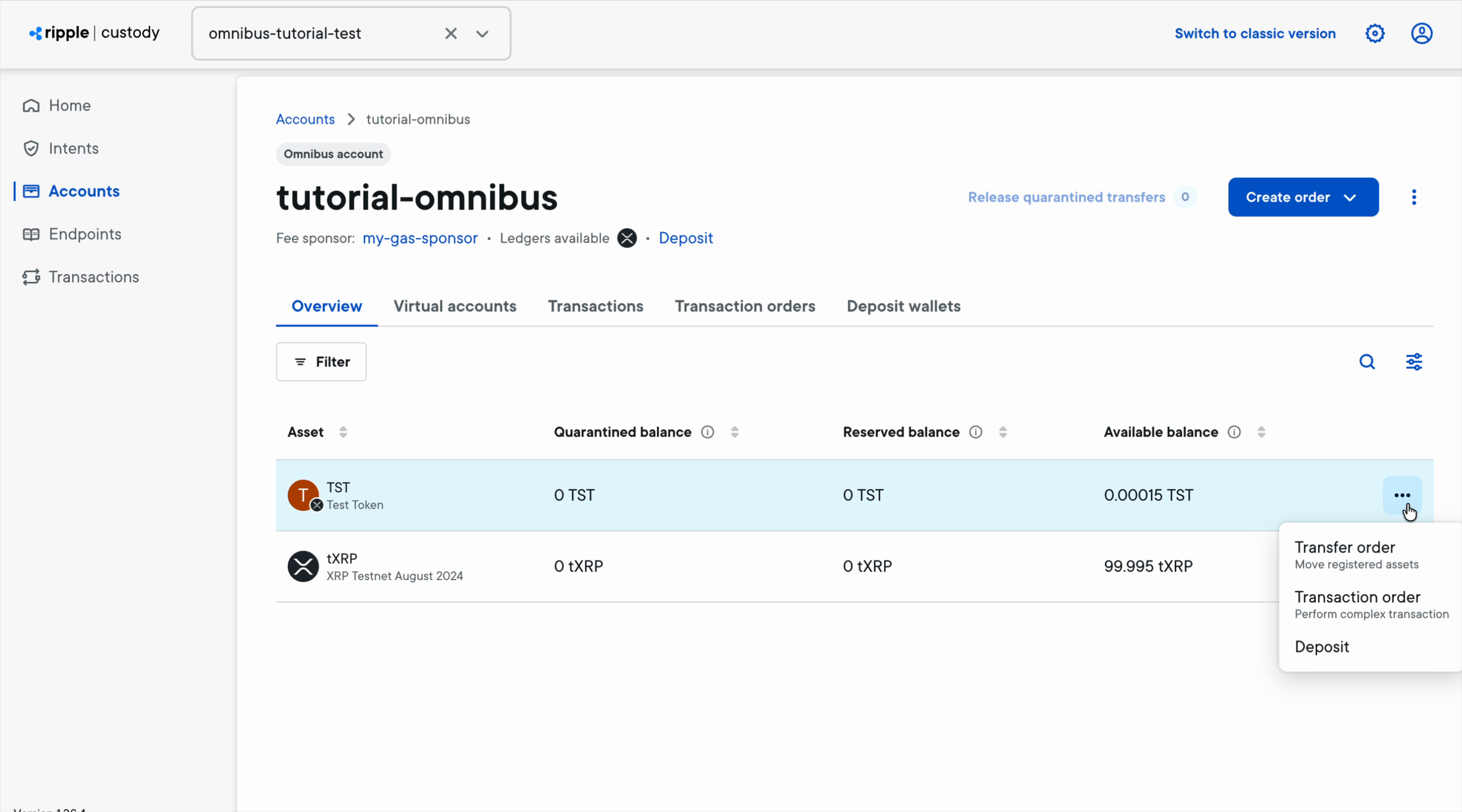 The omnibus Overview tab with per-asset balances and the asset actions menu