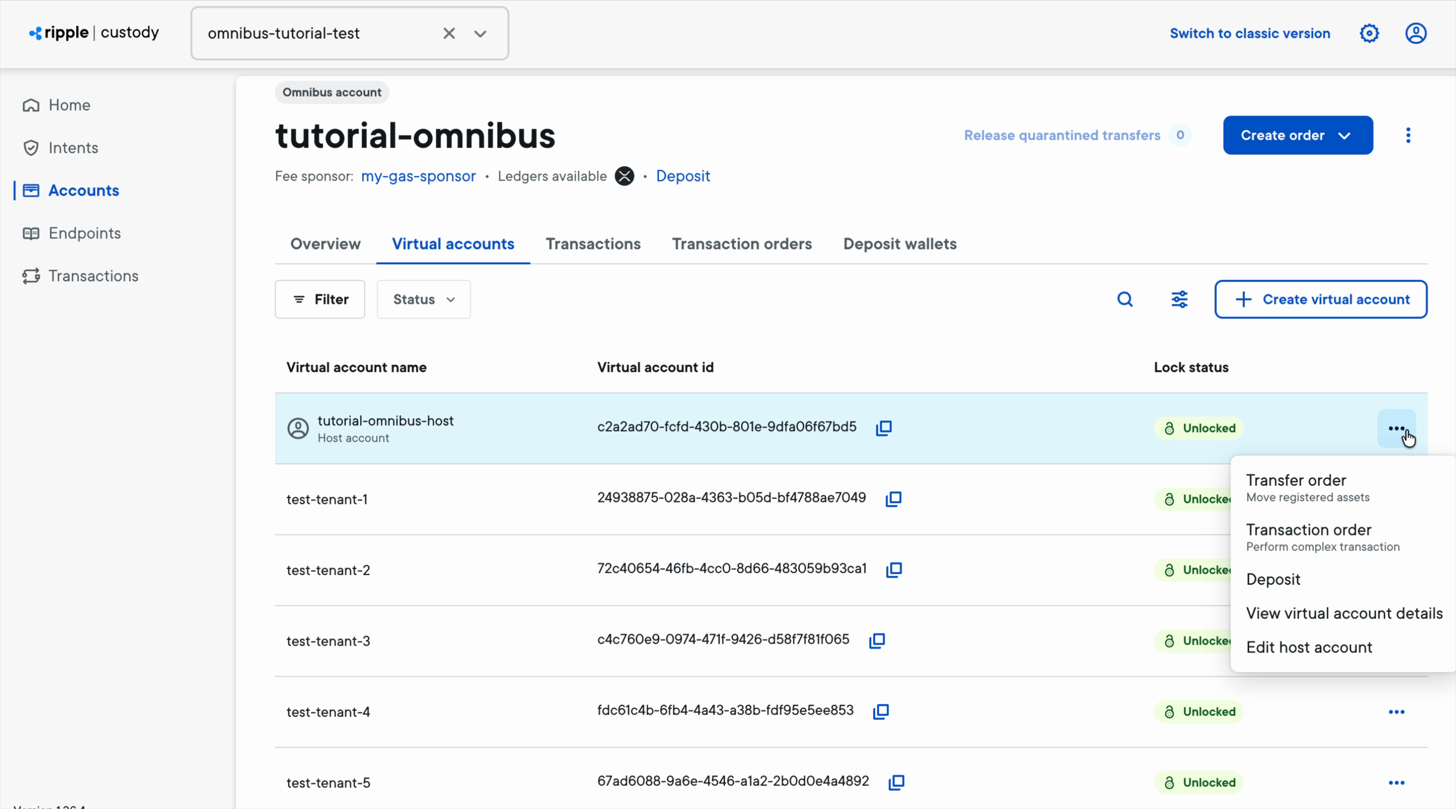 The Virtual accounts tab with the host account's actions menu open