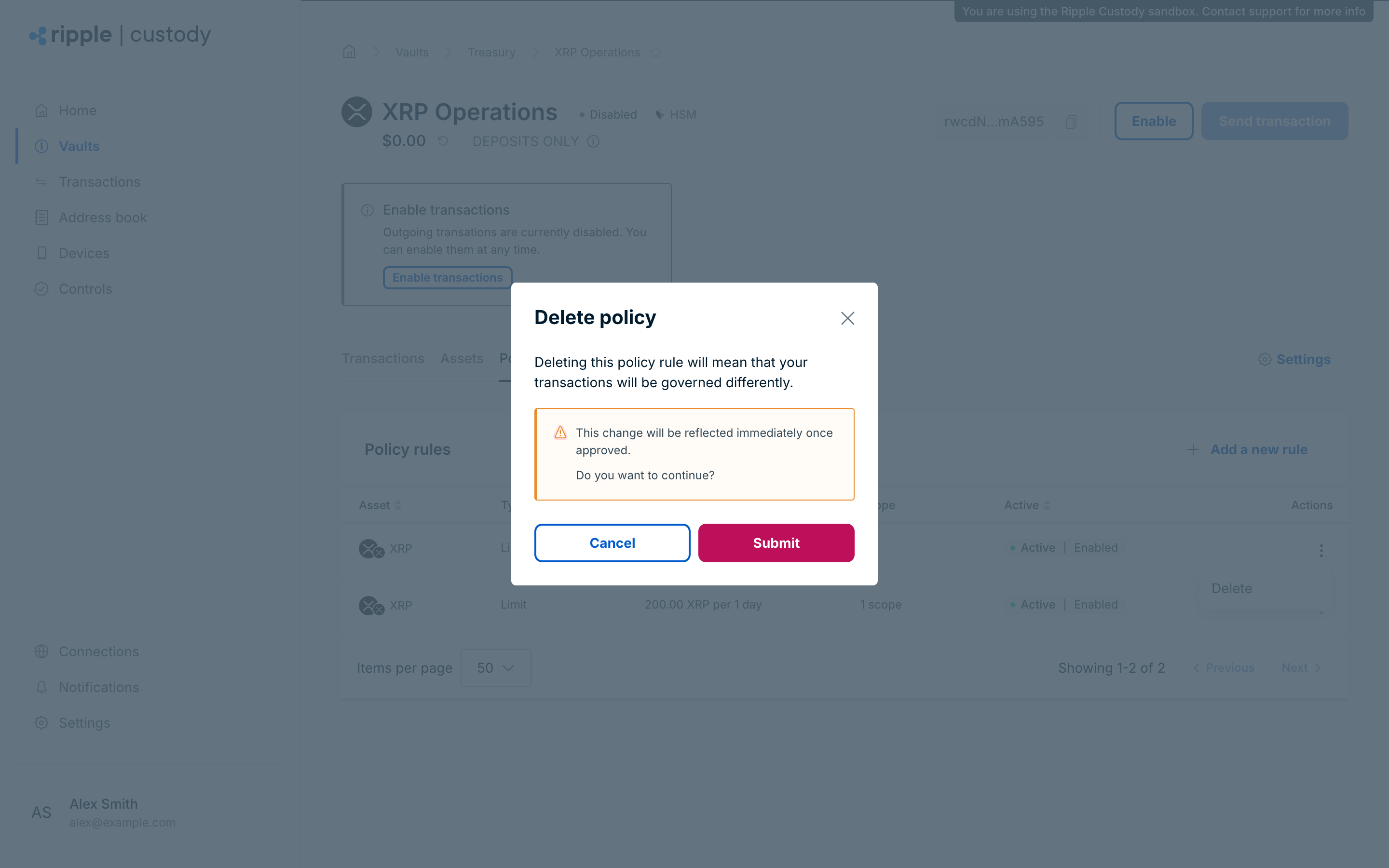 The Delete policy dialog with the Cancel and Submit buttons