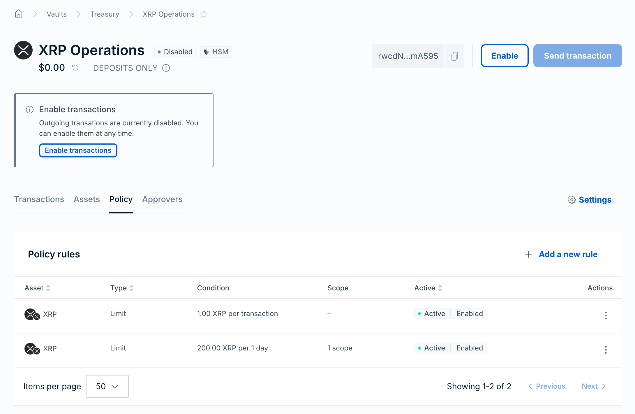The Policy tab with two Limit rules for XRP, both Active and Enabled