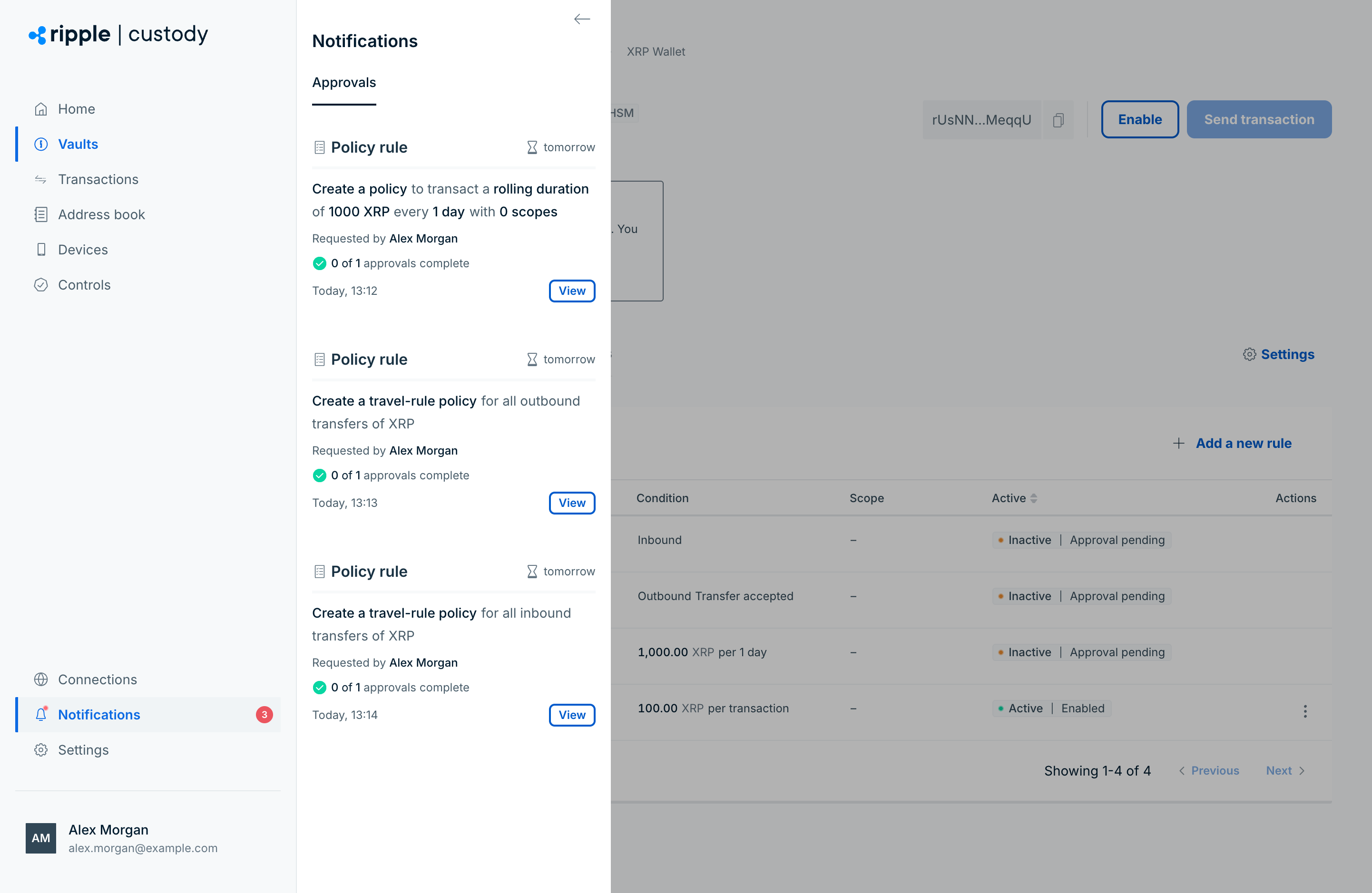Notifications showing three pending Policy rule approval requests