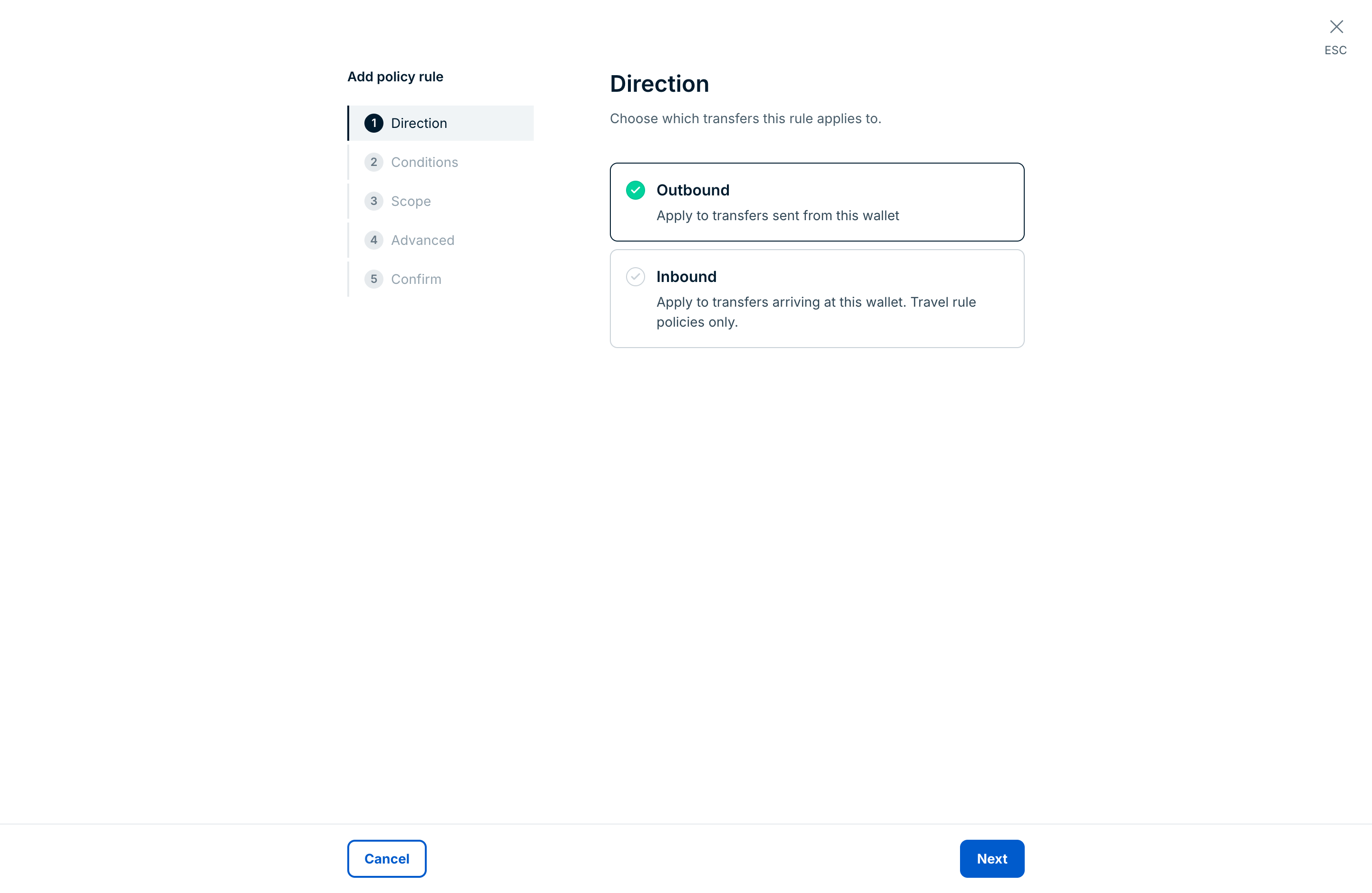 The Direction step of the Add policy rule form, with the Outbound and Inbound options