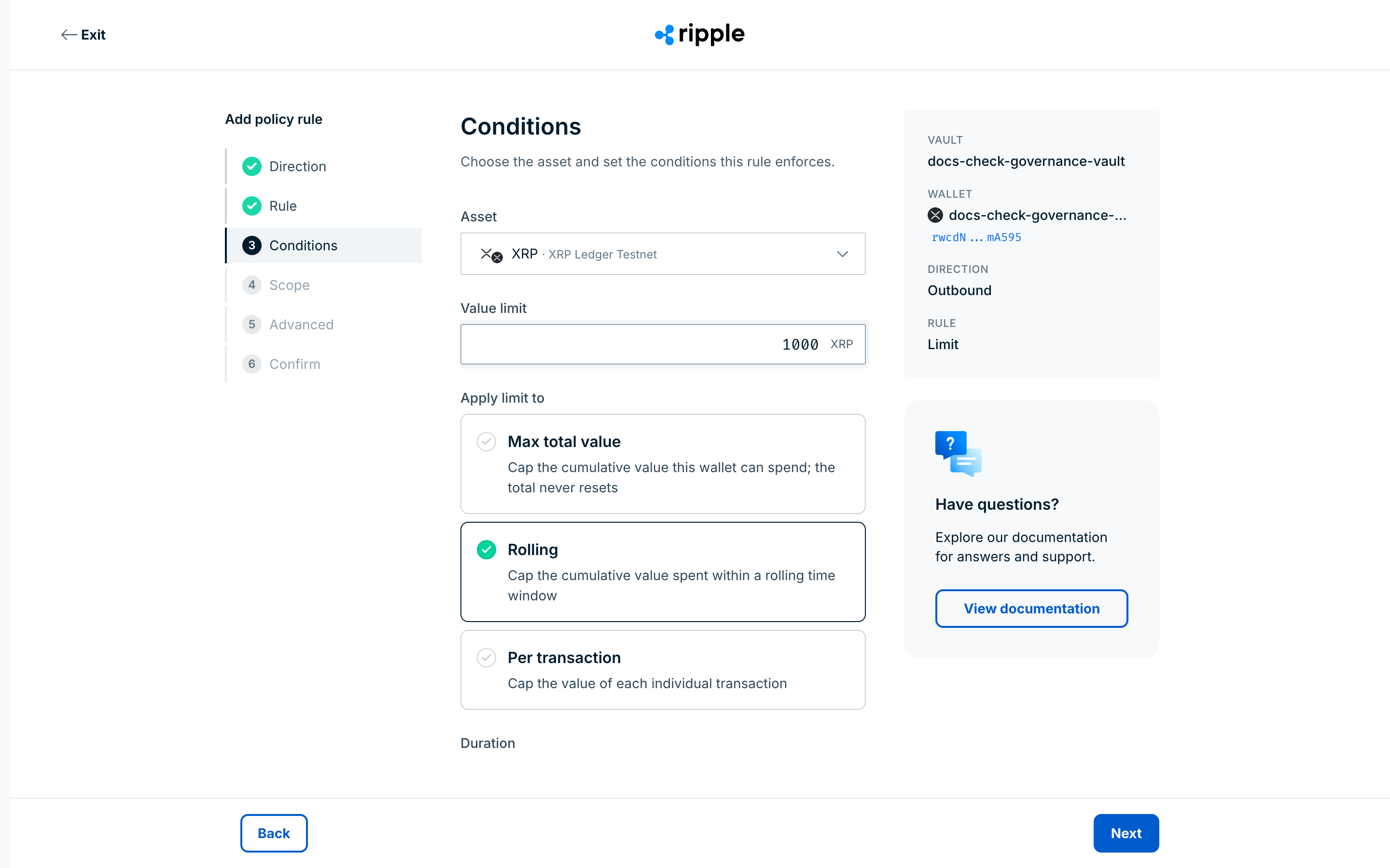 The Conditions step for a Limit rule: XRP selected, a value limit of 1000, and the Rolling limit type