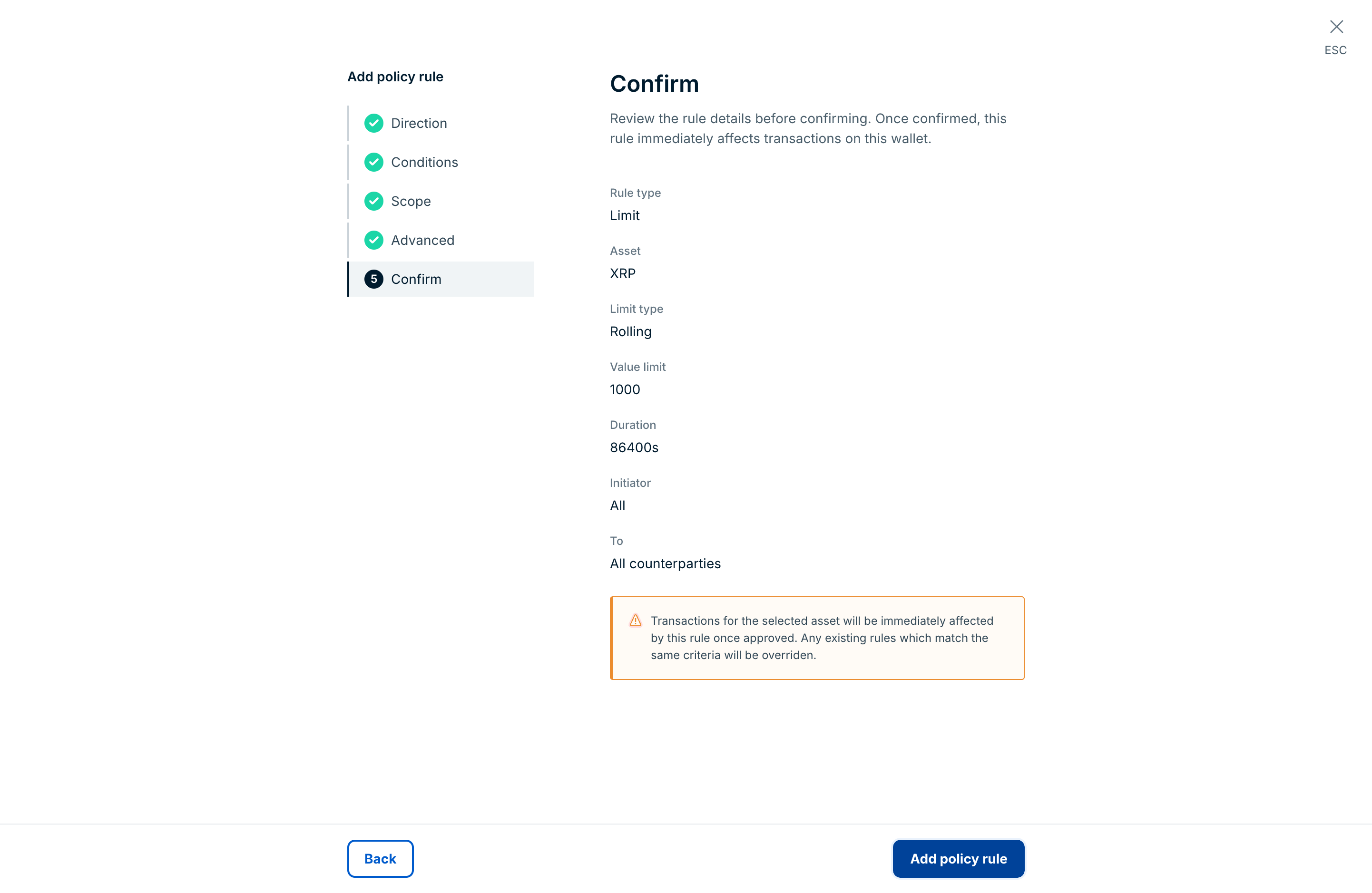 The Confirm step for a Rolling limit rule