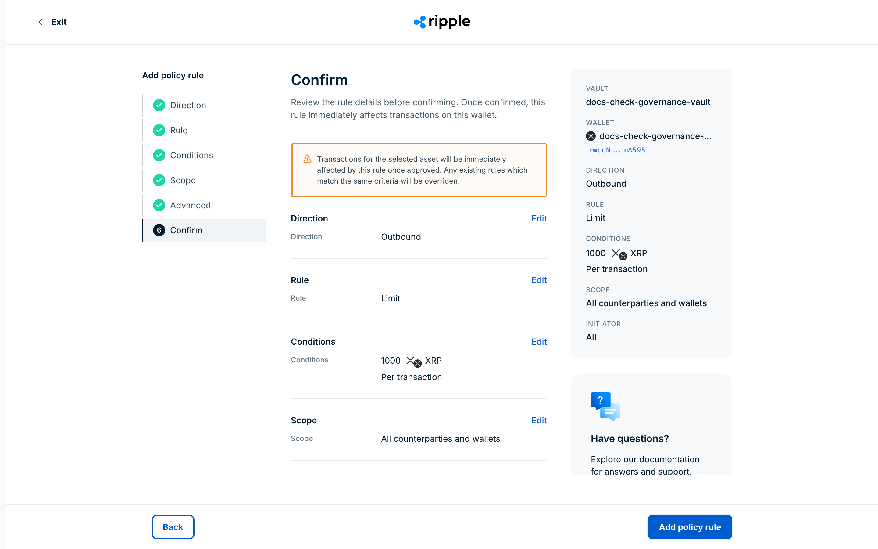 The Confirm step for a per-transaction limit rule, with an Edit link for each section