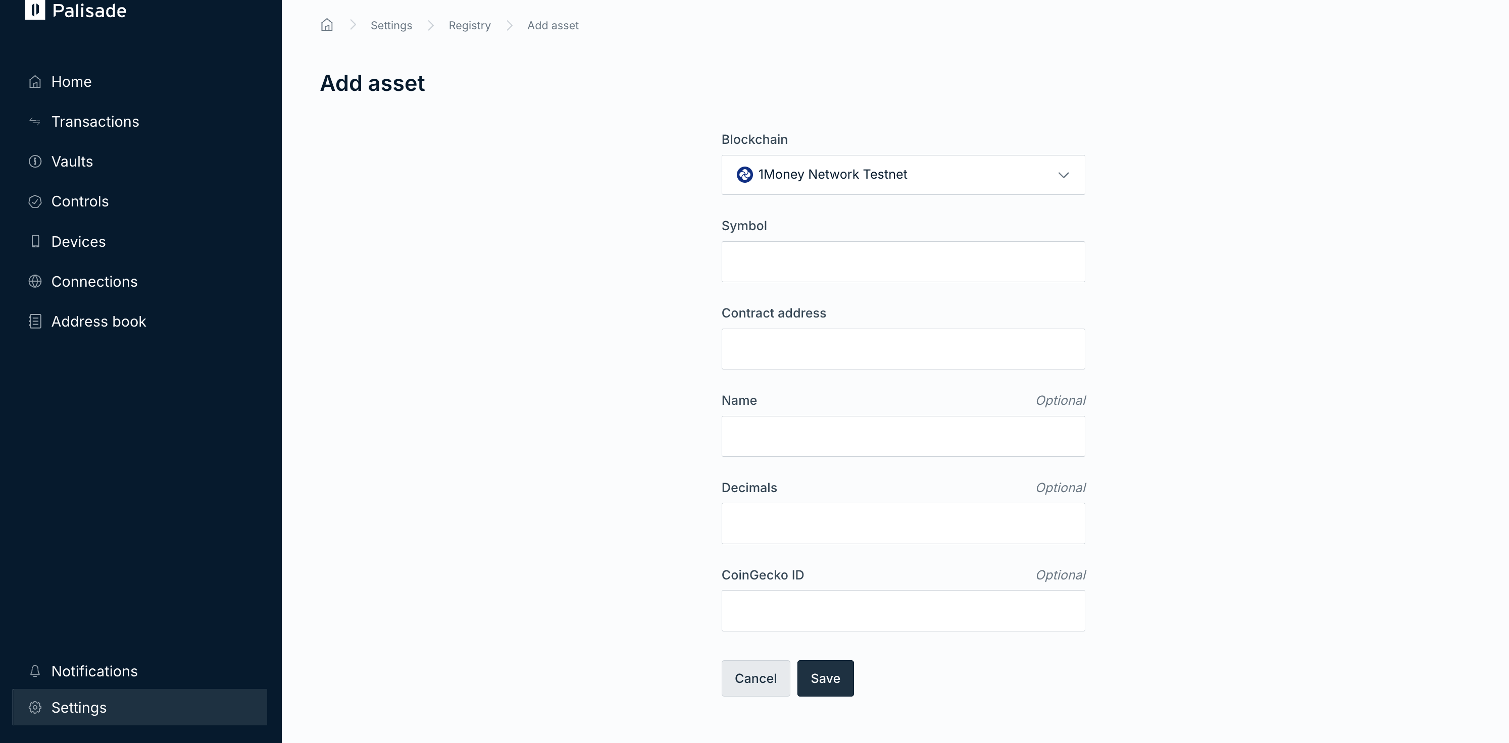 The Add asset page with the blockchain, symbol, contract address, name, decimals, and CoinGecko ID fields