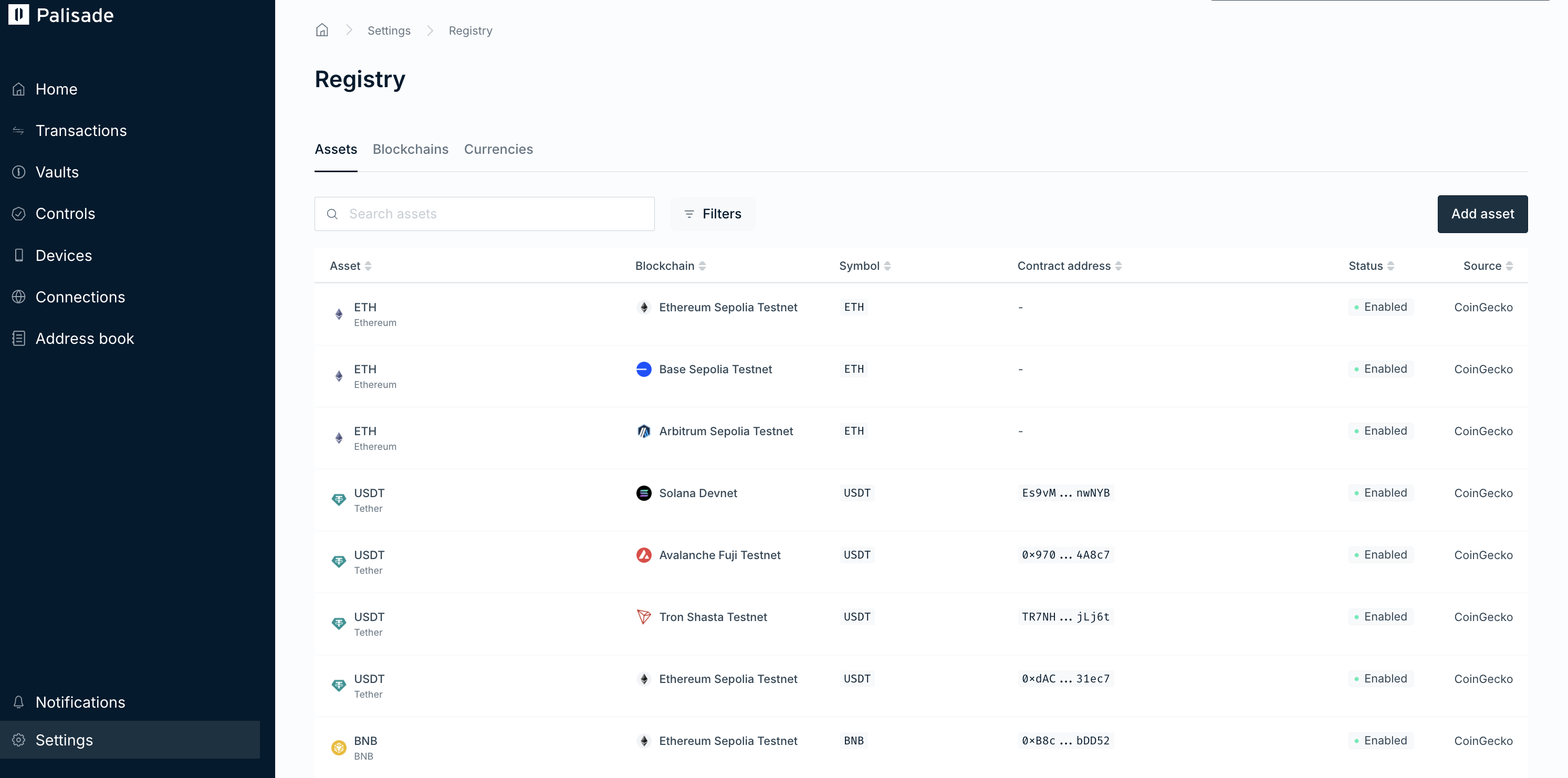 The registry Assets tab, showing assets with their blockchain, symbol, contract address, status, and source