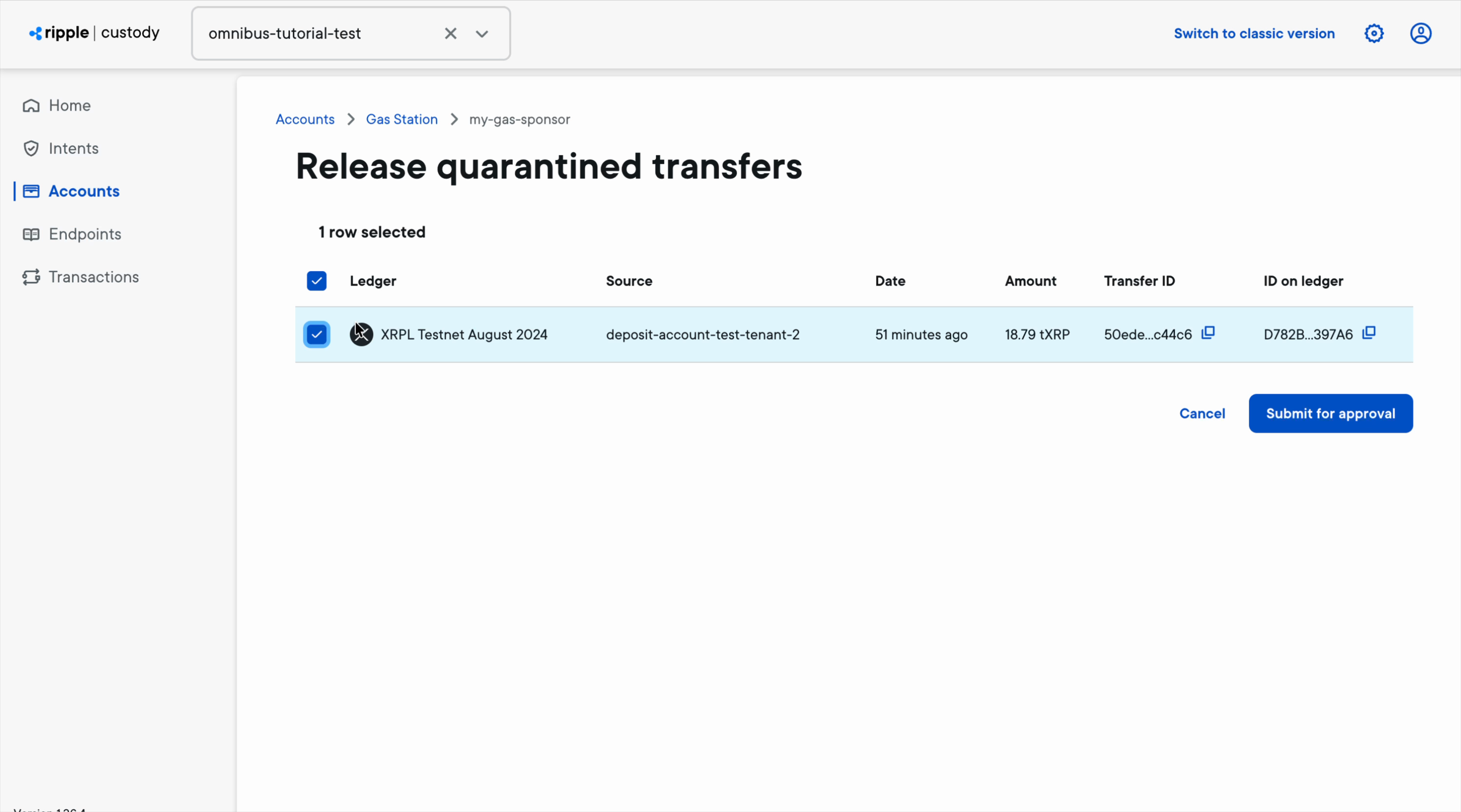 The Release quarantined transfers page with a held funding transfer selected