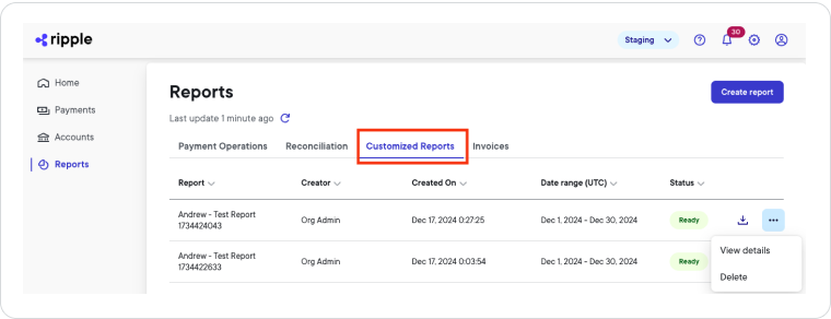 Reports page Customized Report