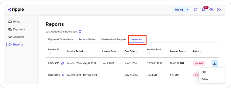 Reports page Invoices