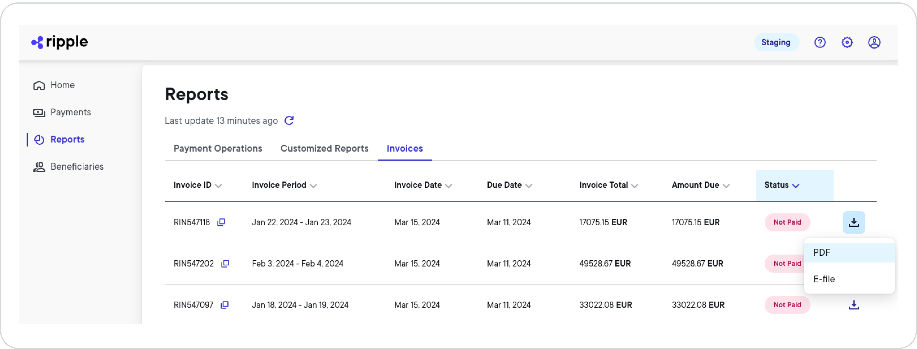 Reports page Invoices