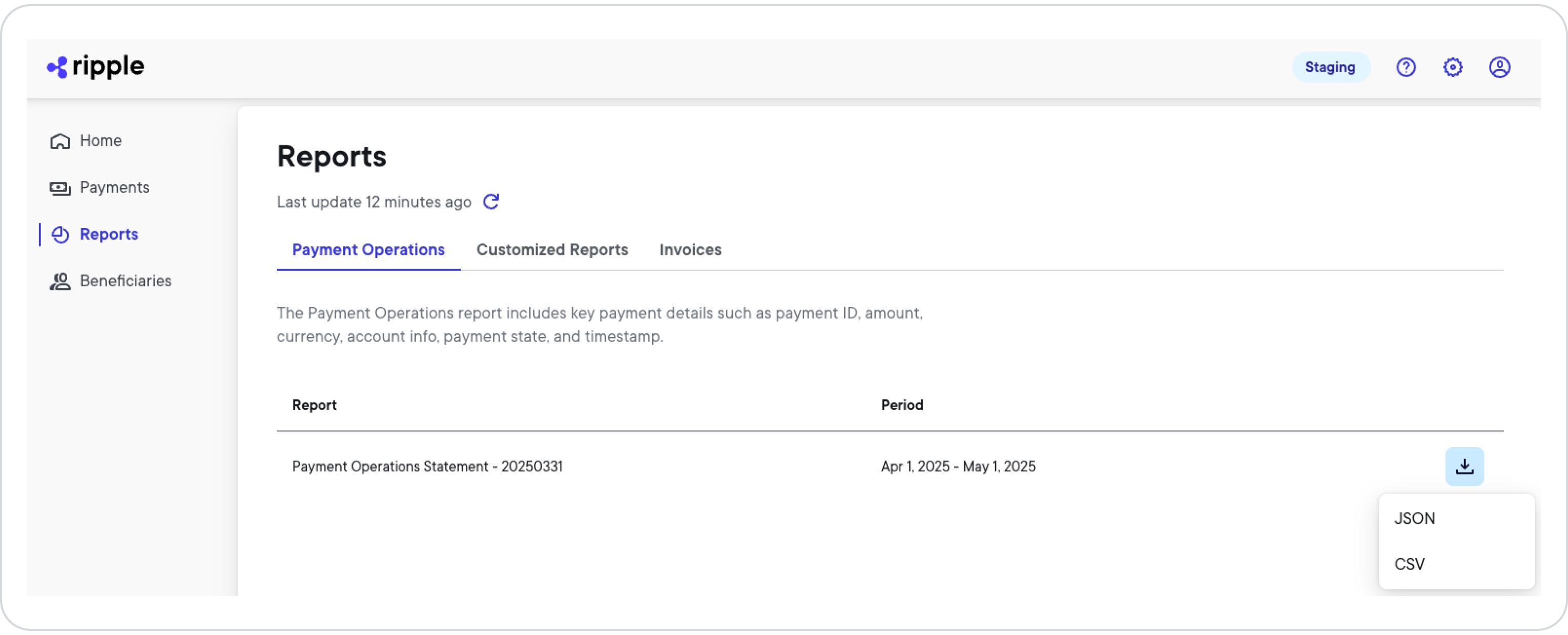 Reports page Payment Operations