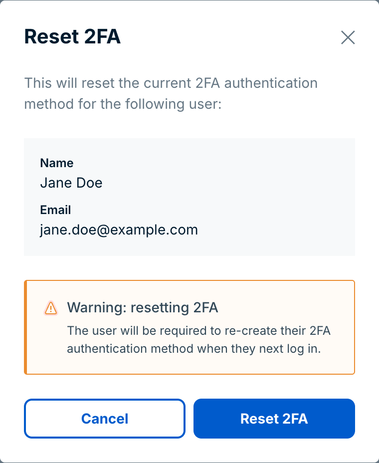 The Reset 2FA confirmation dialog