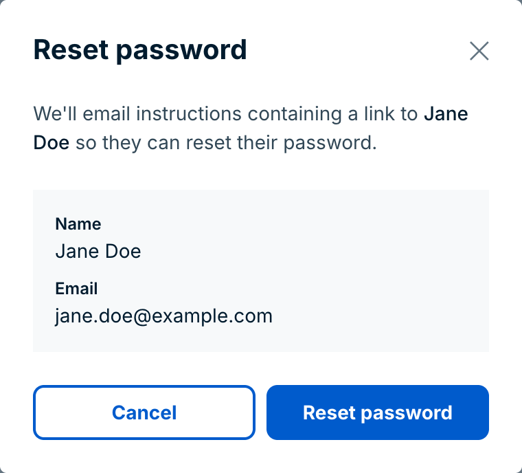 The Reset password confirmation dialog