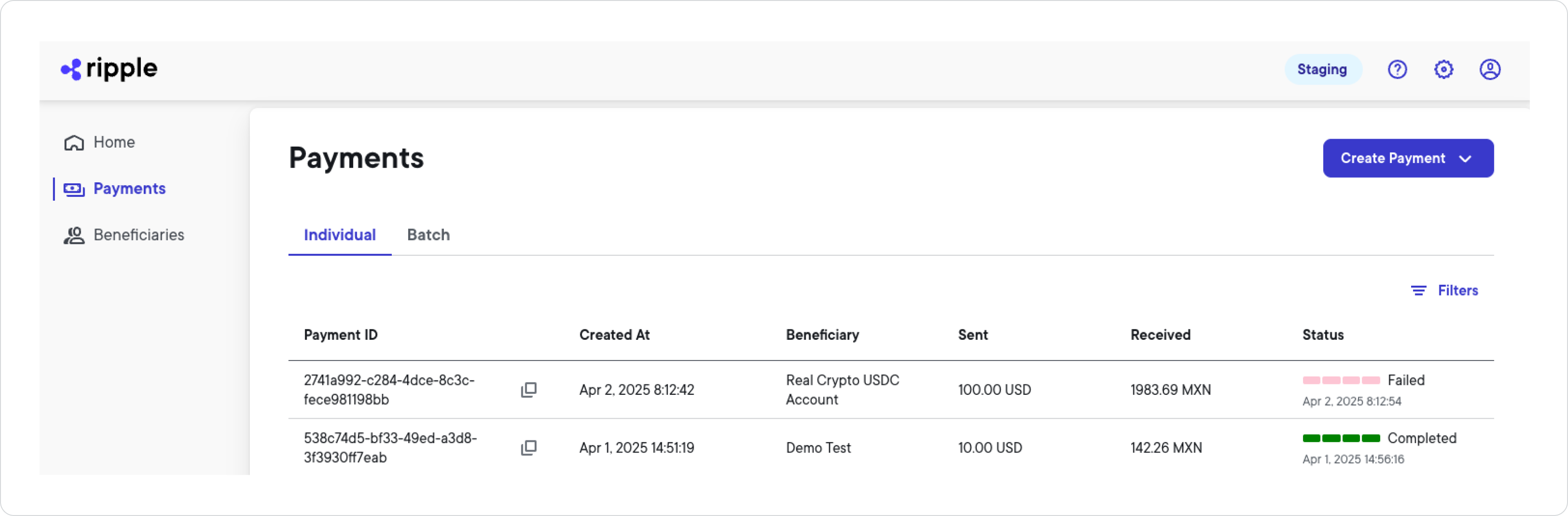 Payments page list