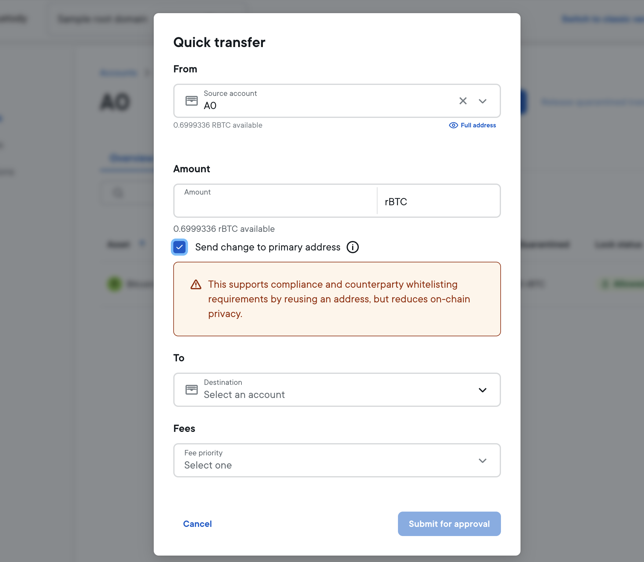 Quick transfer form showing the Send change to primary address option