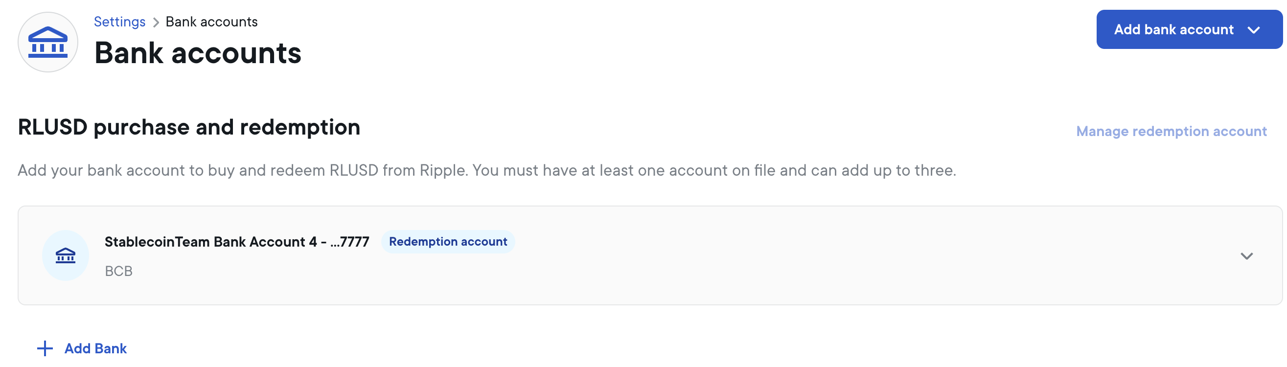 Bank accounts settings page