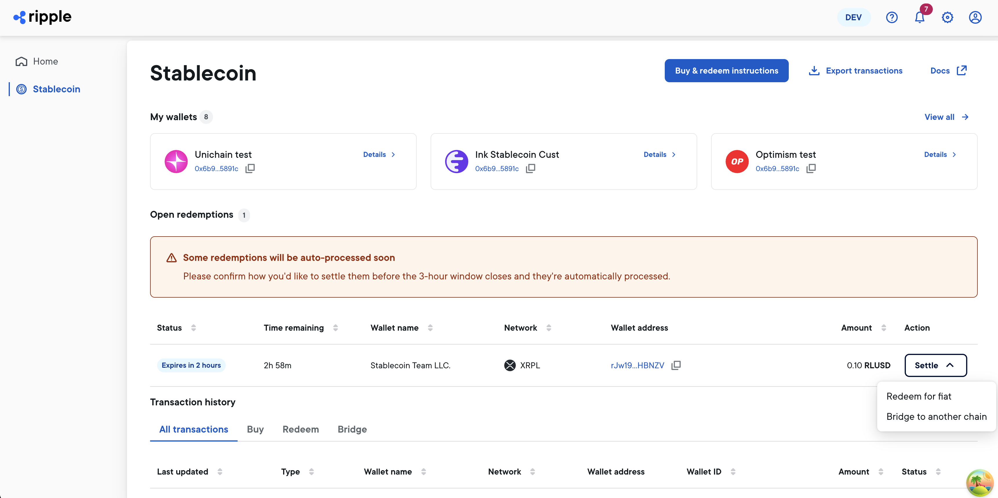 Stablecoin dashboard with flexible redemption enabled