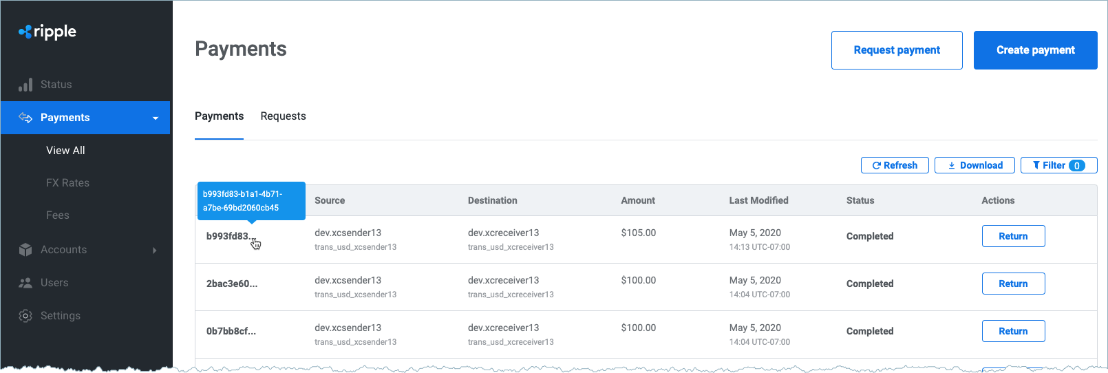 Single Payment Received in RippleNet UI