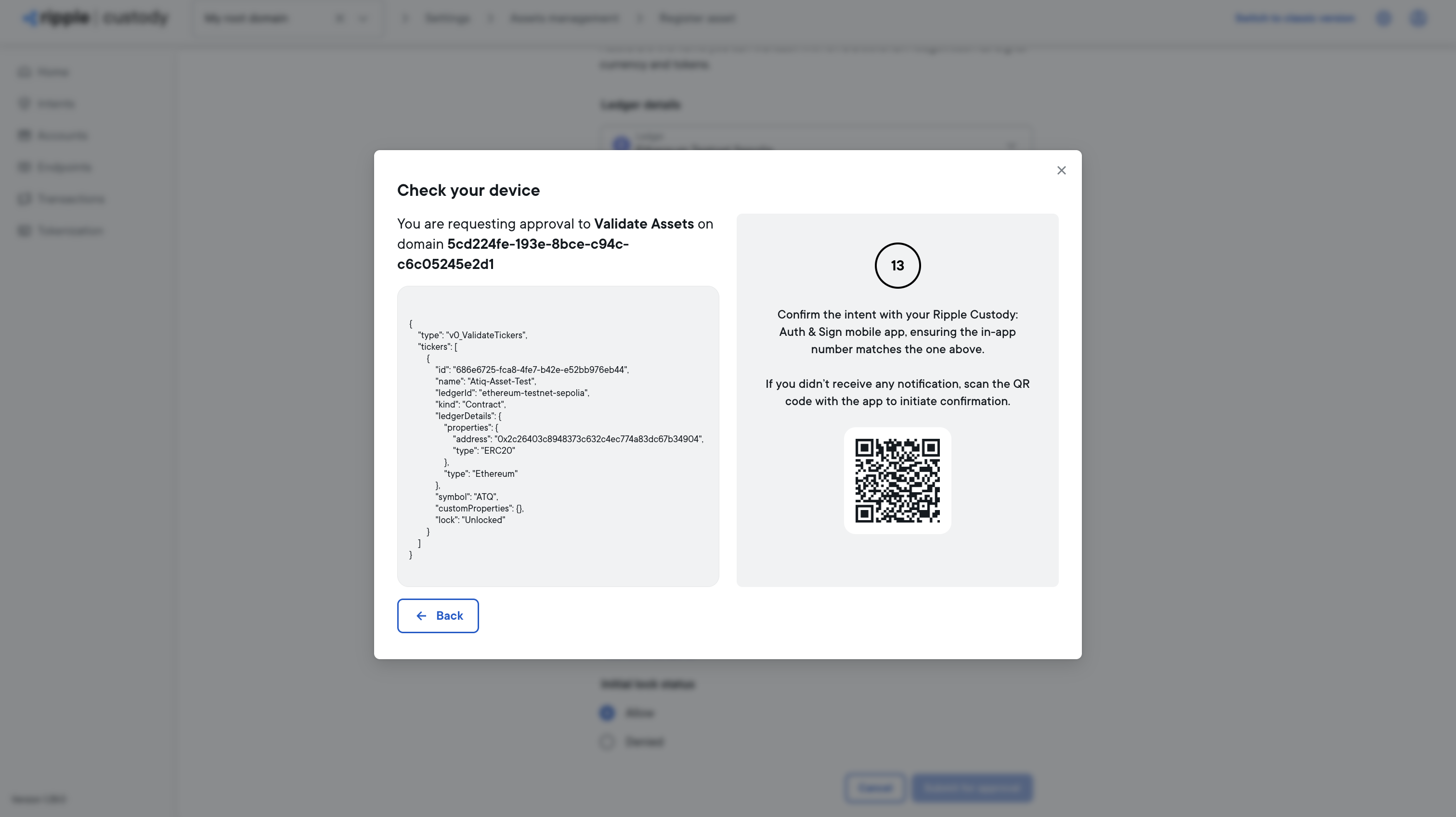 Register asset intent dialog