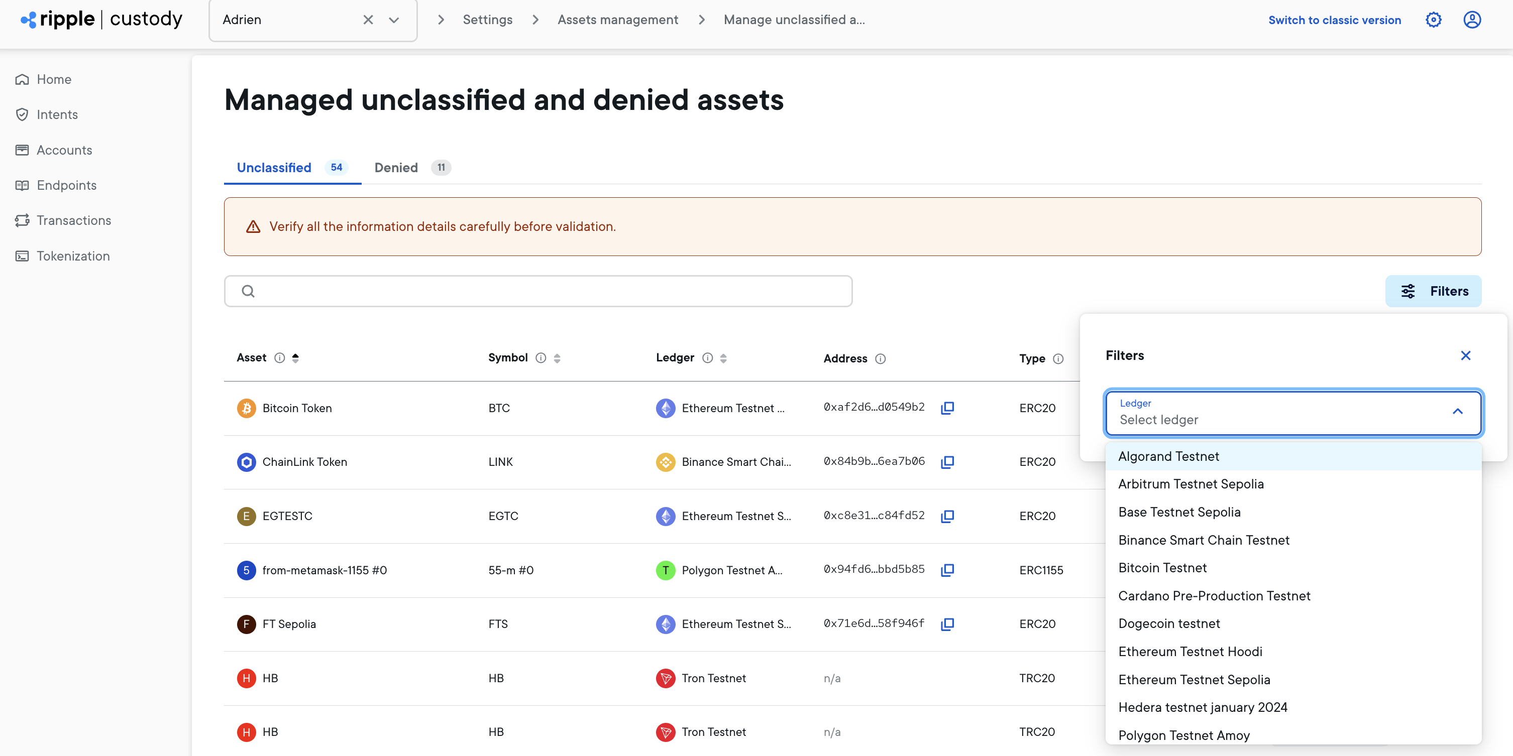 Filter dropdown showing ledger and token kind filters