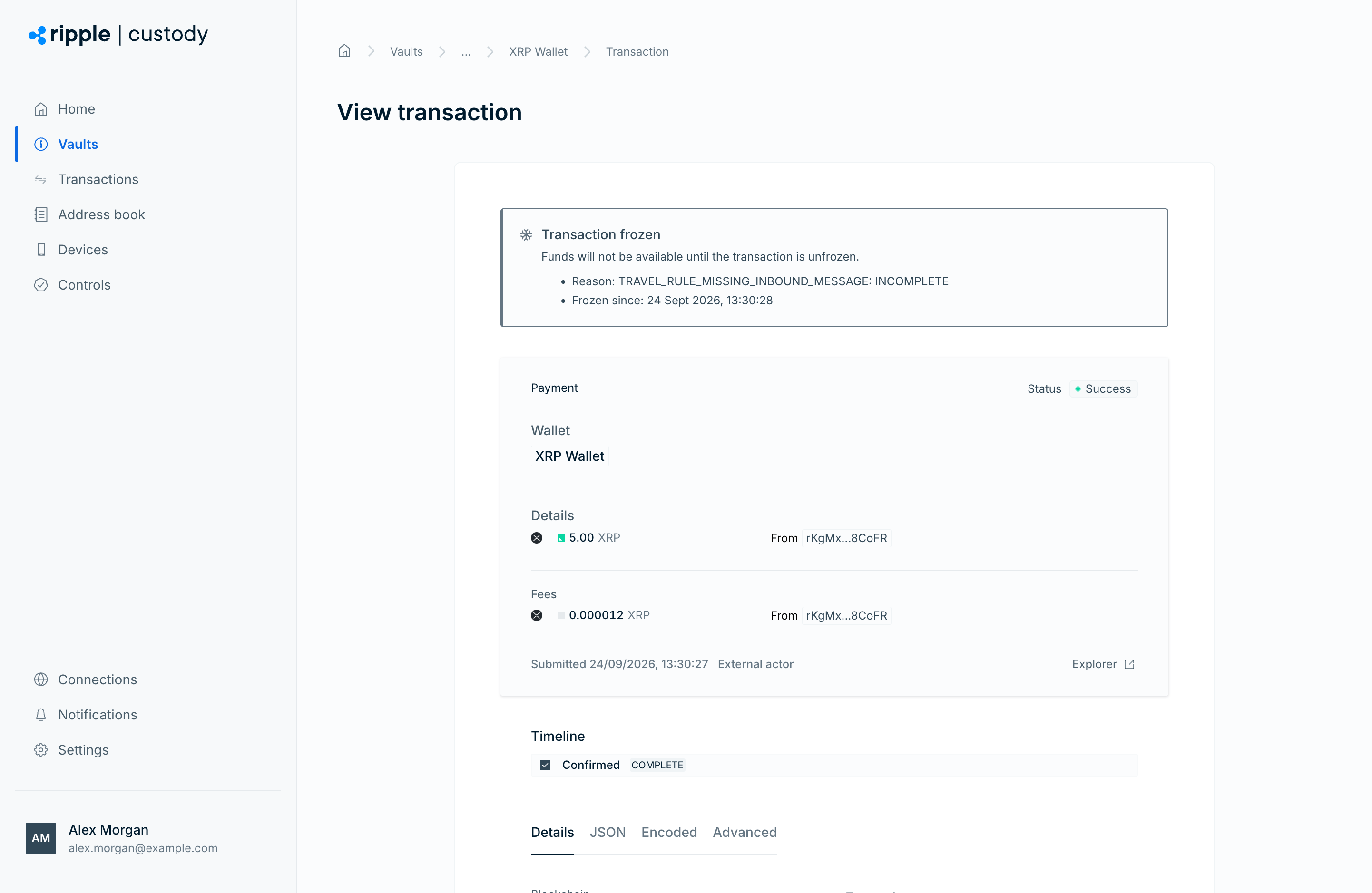 A 5 XRP deposit with the Transaction frozen banner and reason TRAVEL_RULE_MISSING_INBOUND_MESSAGE: INCOMPLETE