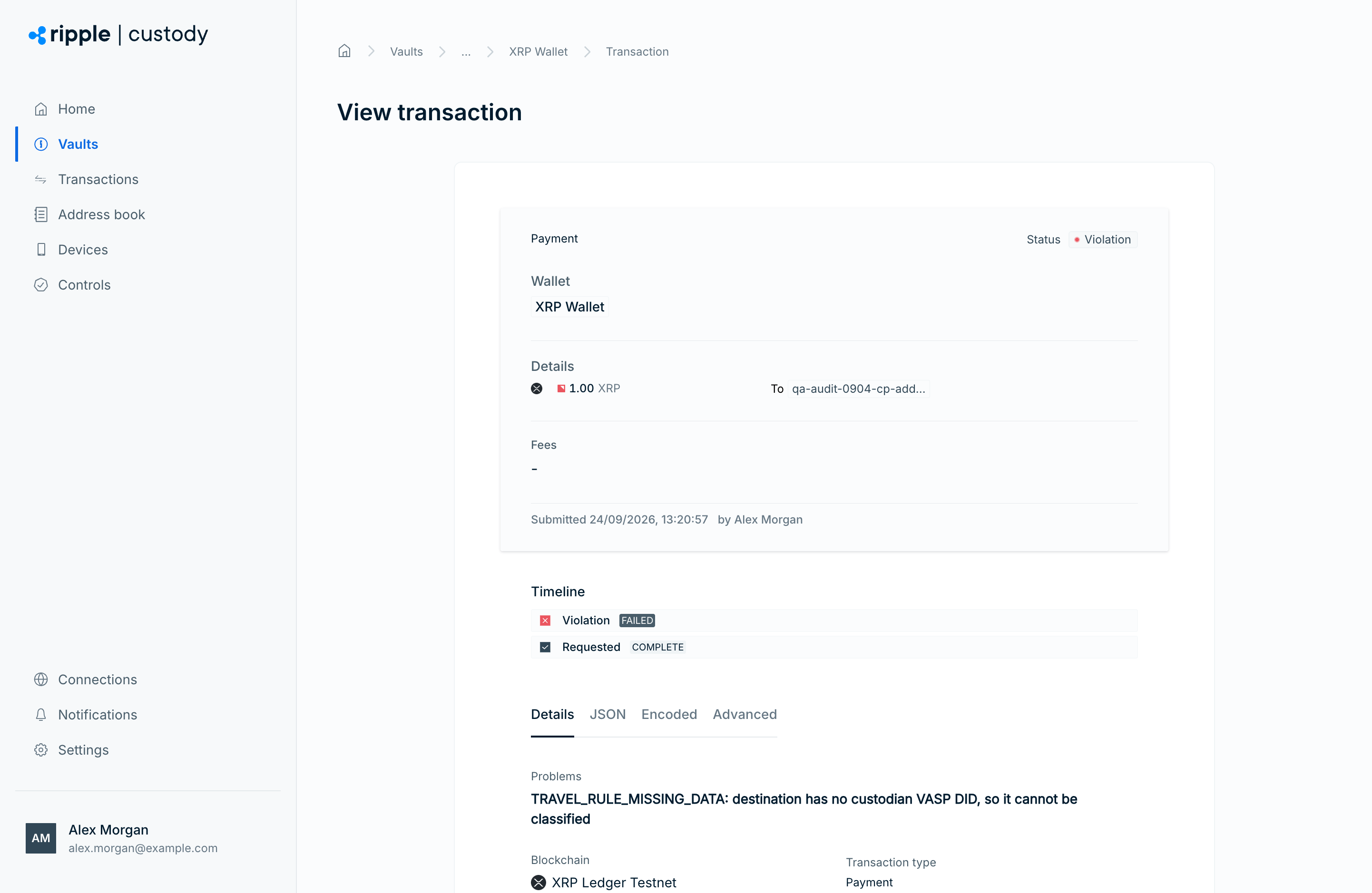 A rejected payment with status Violation and the problem TRAVEL_RULE_MISSING_DATA: destination has no custodian VASP DID, so it cannot be classified