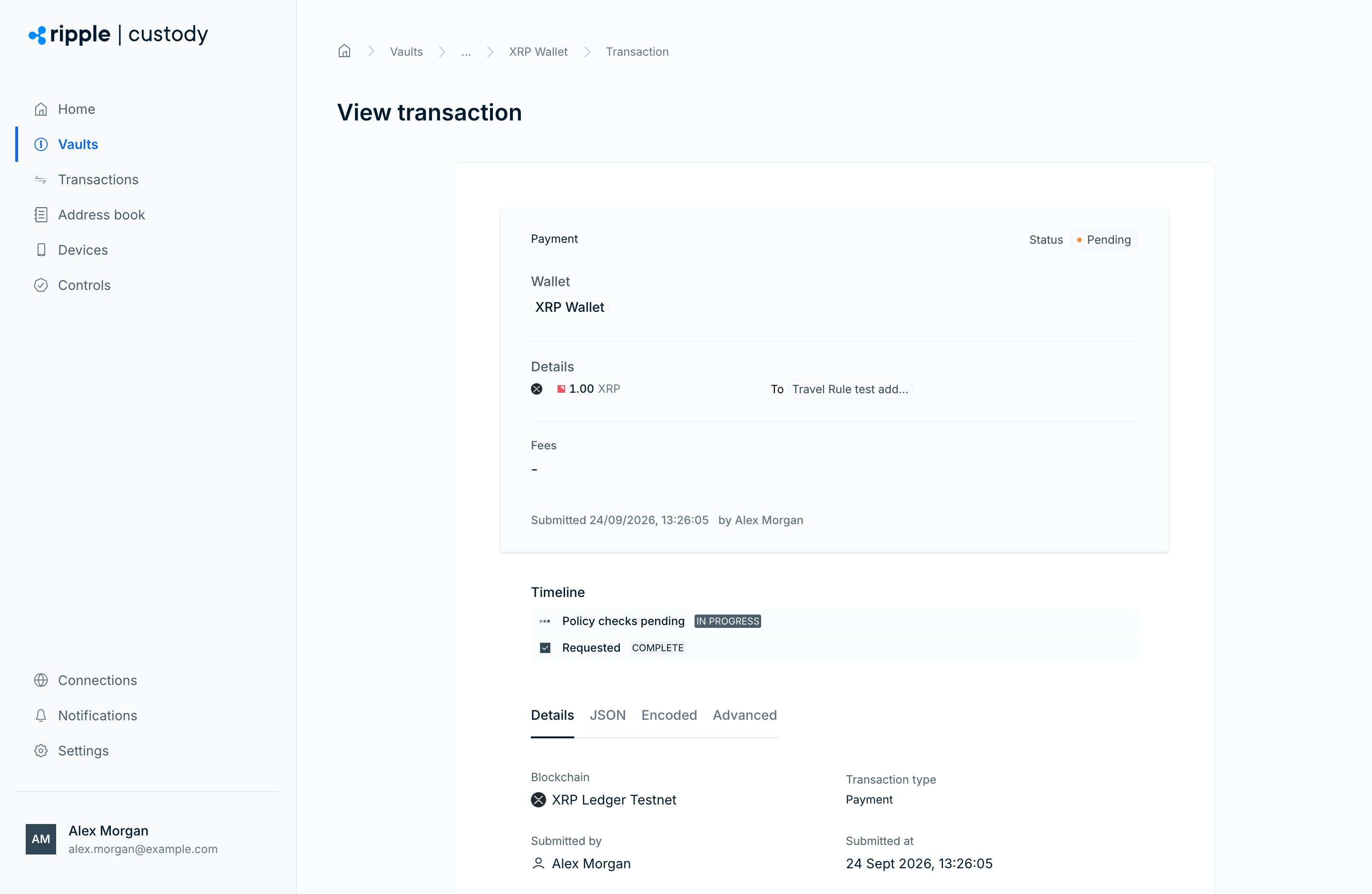 A 1 XRP payment to a counterparty address, pending with Policy checks pending in the timeline