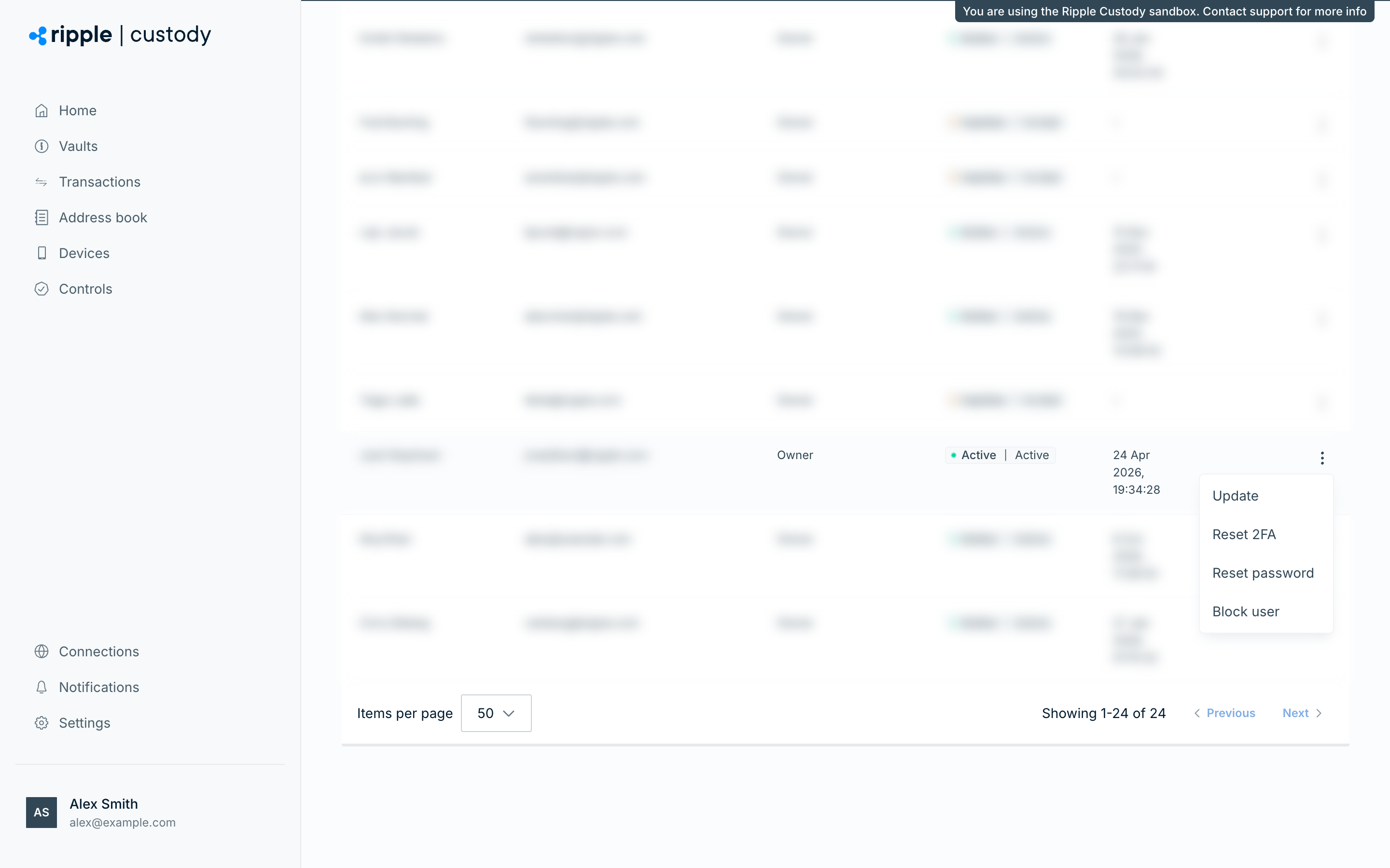 The User management list with the Actions menu open for an active user
