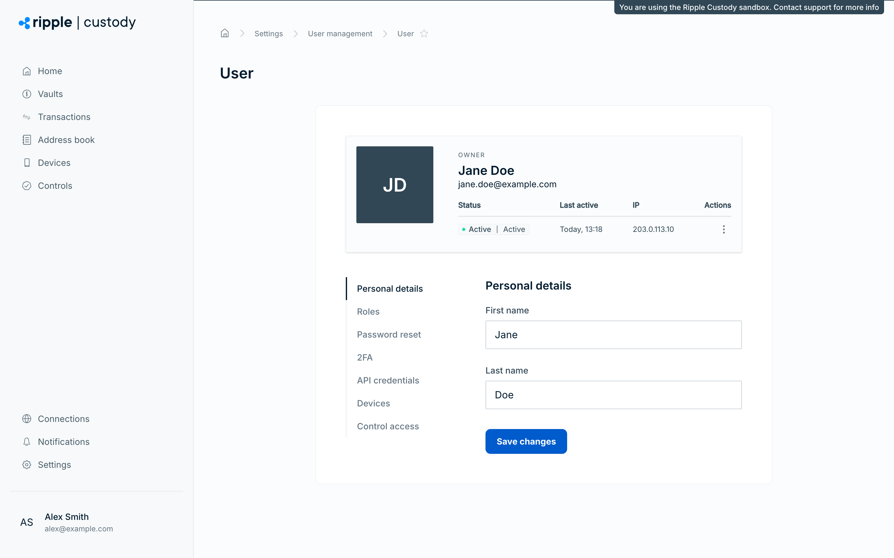 A user's profile with the Personal details, Roles, Password reset, 2FA, API credentials, Devices, and Control access tabs