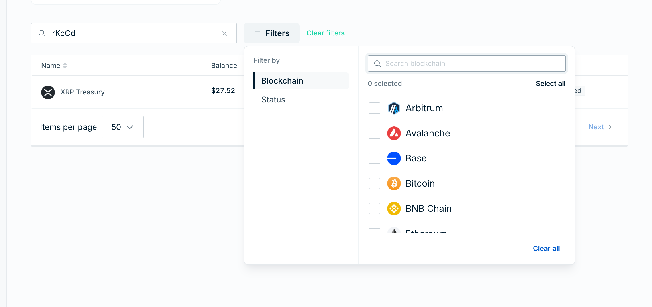 A vault's wallet table filtered by part of a wallet address in the Search wallets box, with the Filters menu open on Blockchain and the Status category beside it