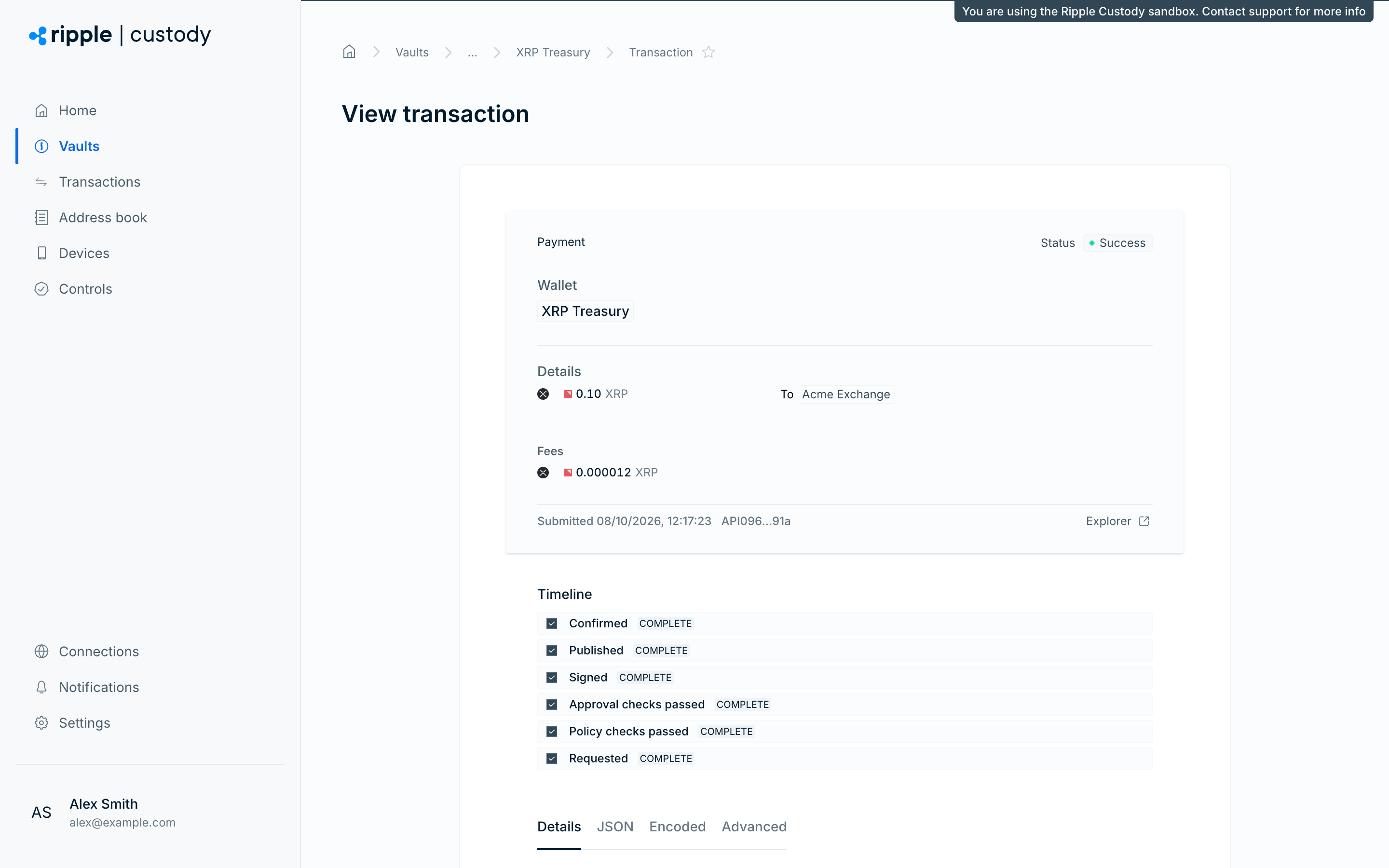 The transaction page for a confirmed payment, showing the status timeline and the Details tab